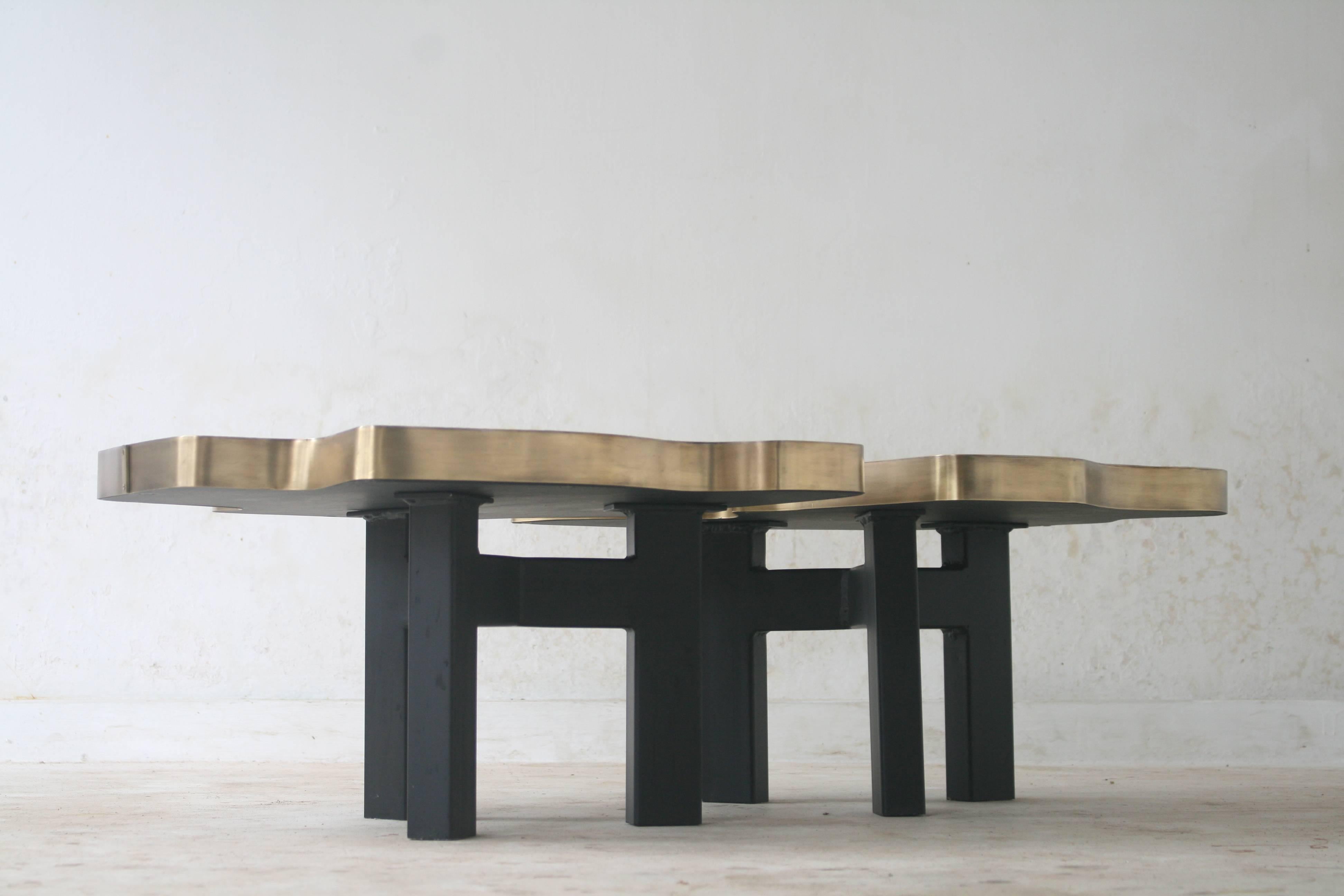 Two Matching Coffee Tables, Patinated Acid Etched Brass and Agate Slices For Sale 1