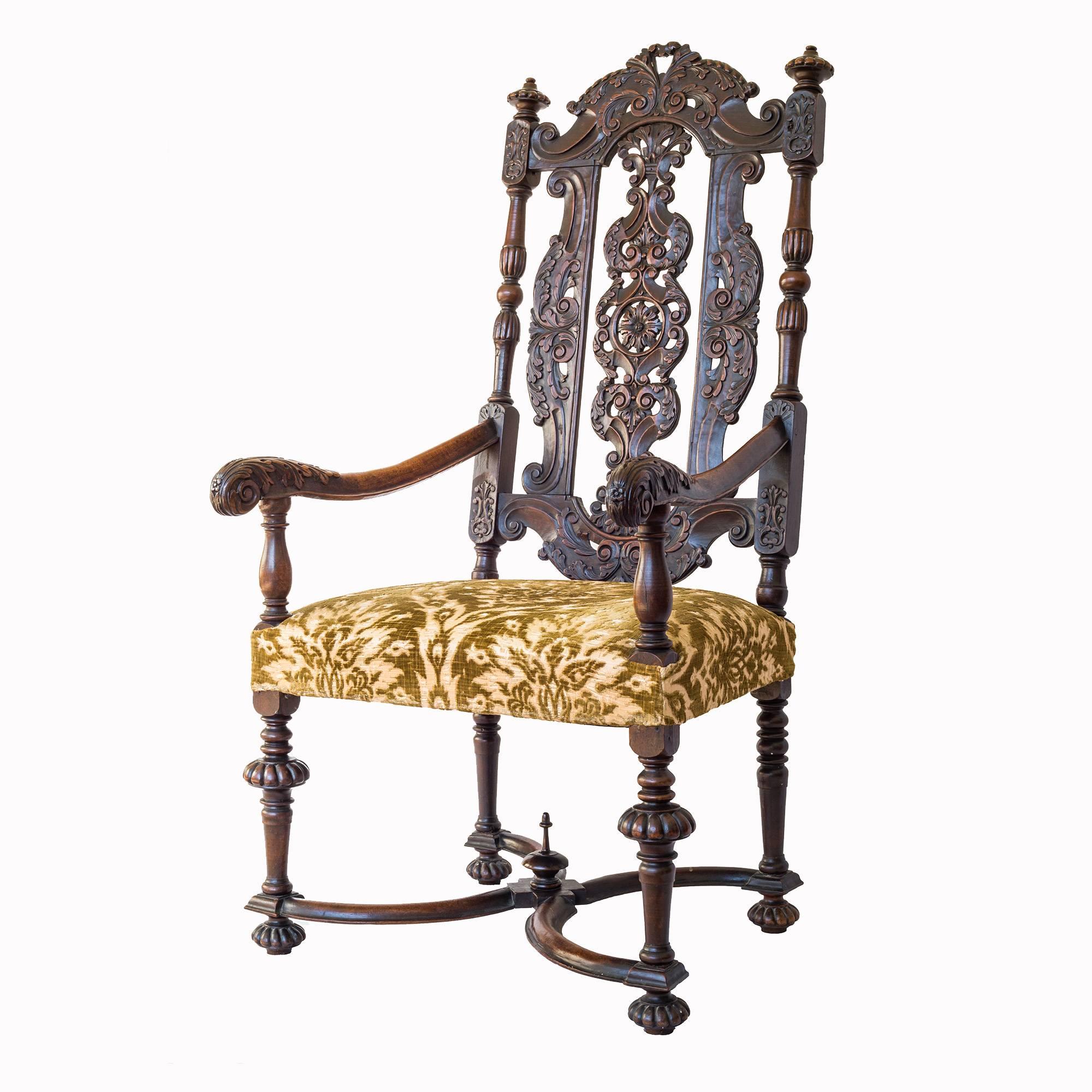 William and Mary Flemish 17th Century Style Carved Walnut Throne Armchair, c. 1890