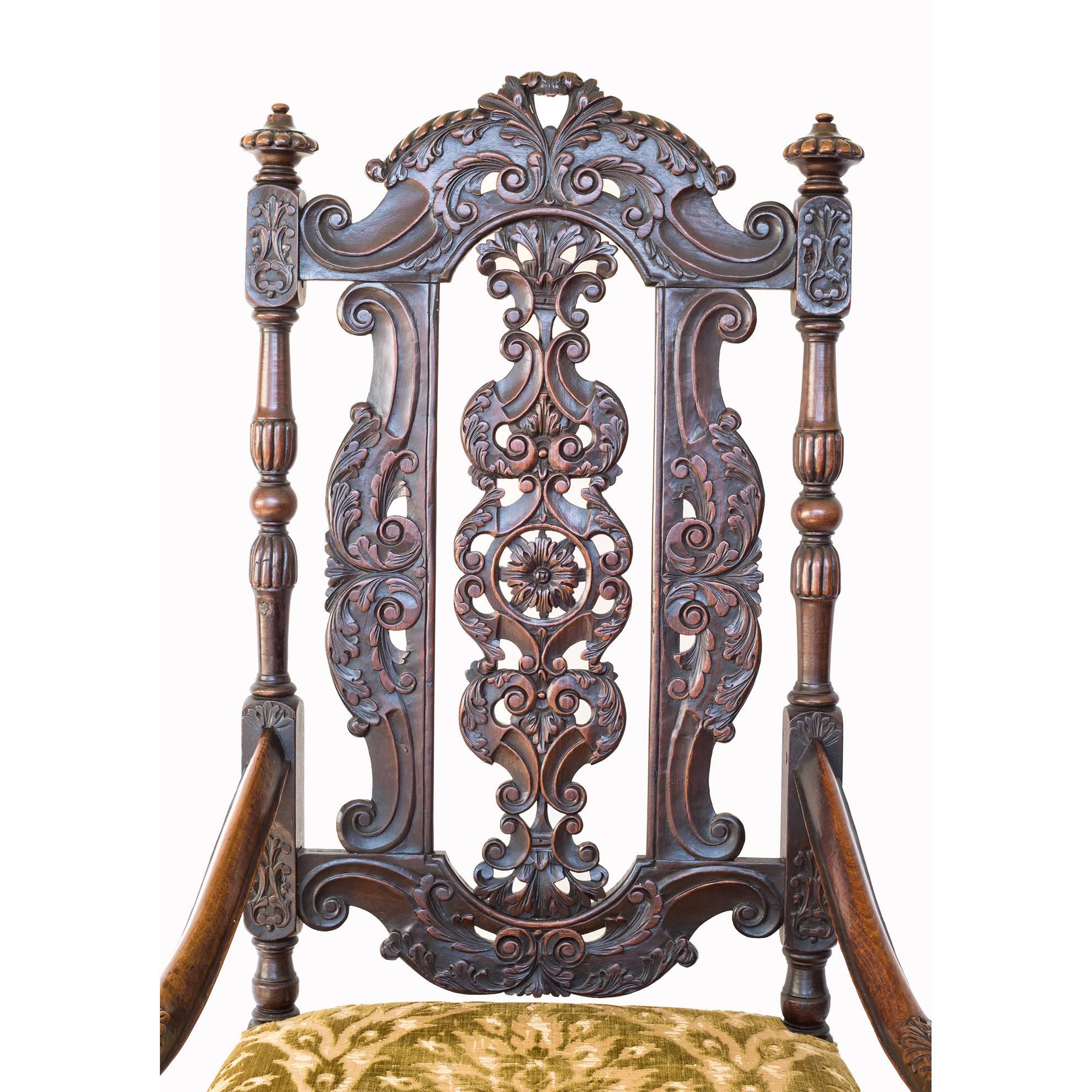 English Flemish 17th Century Style Carved Walnut Throne Armchair, c. 1890