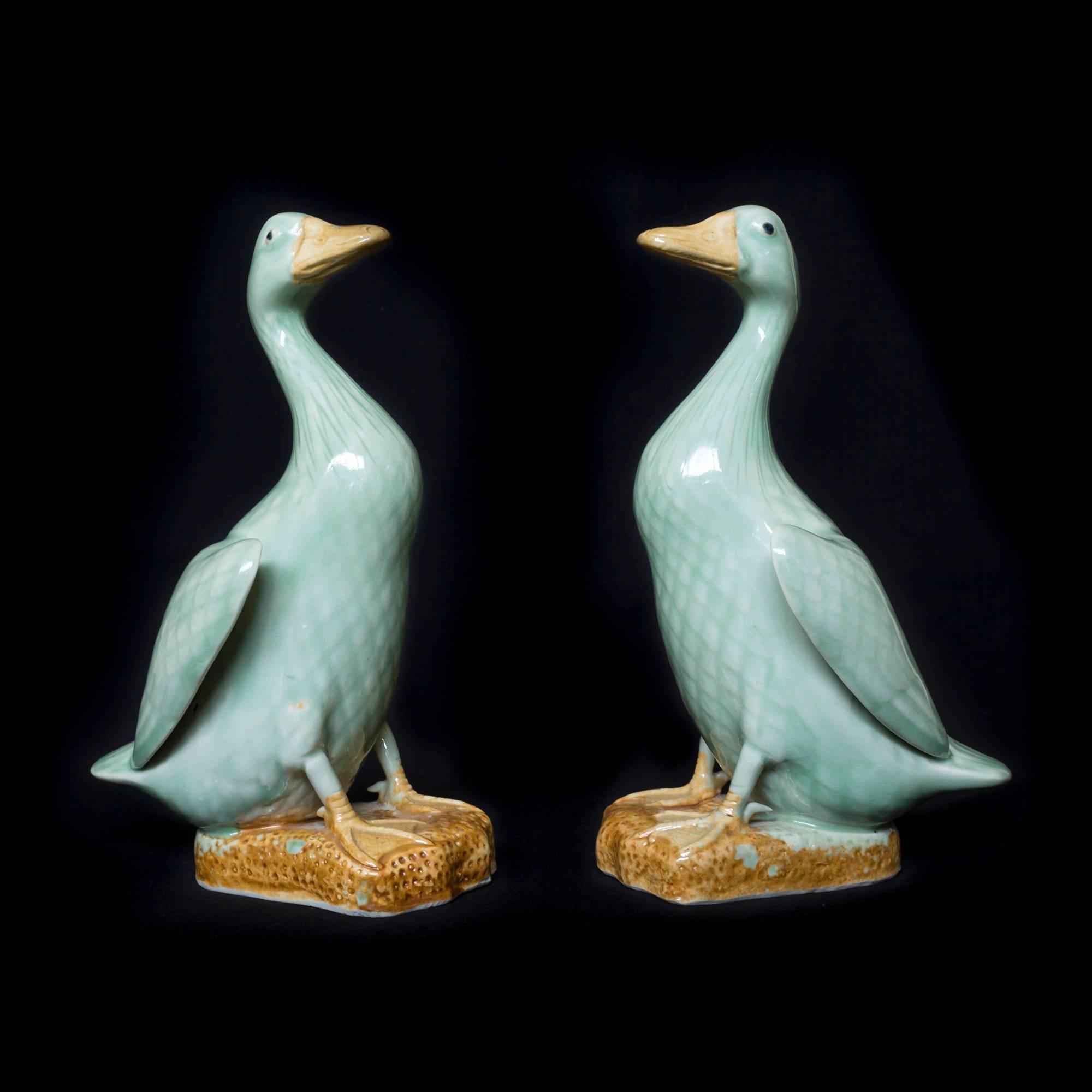 Chinese Export Pair of Chinese Celadon-Glazed Porcelain Ducks