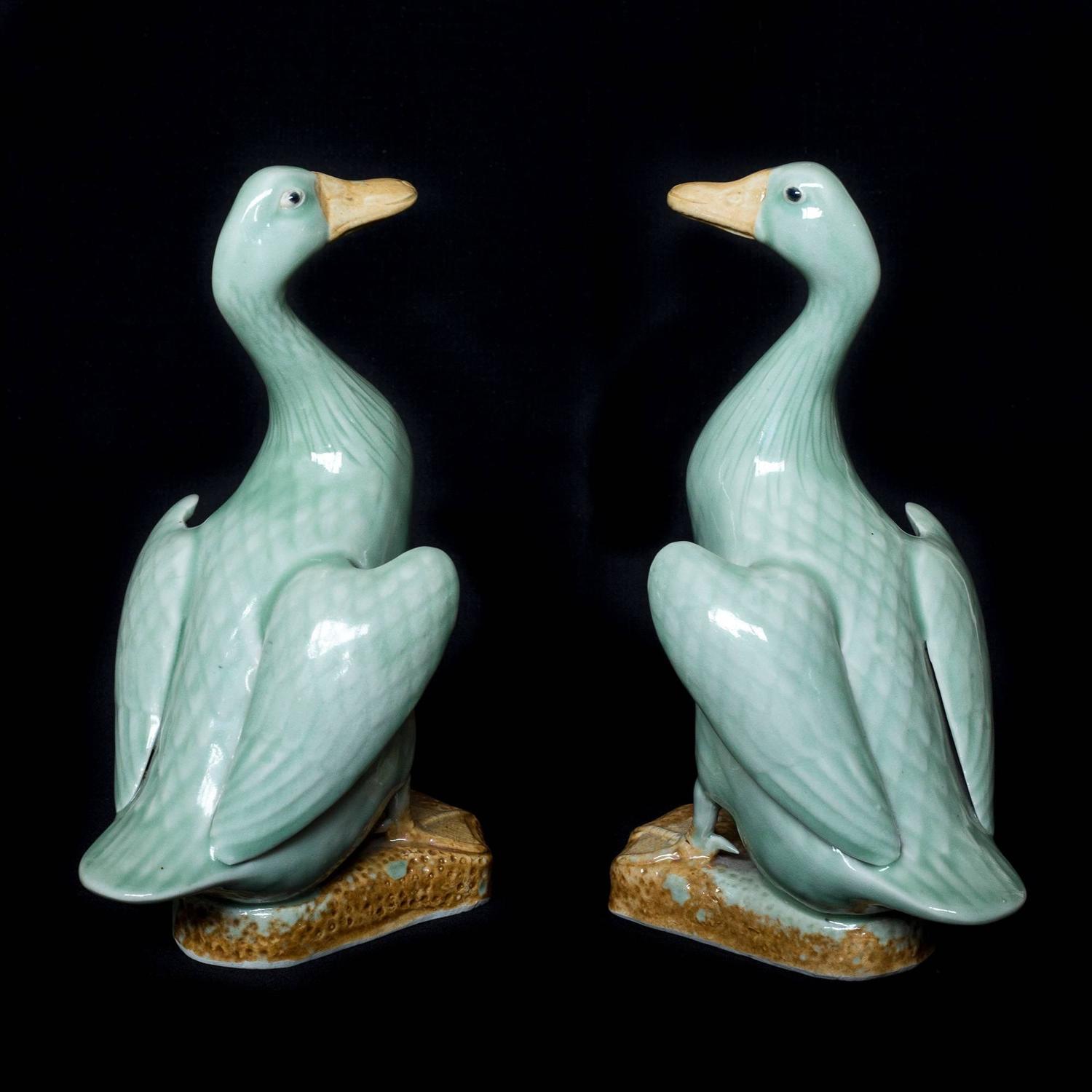 Pair of Chinese CeladonGlazed Porcelain Ducks For Sale at 1stdibs
