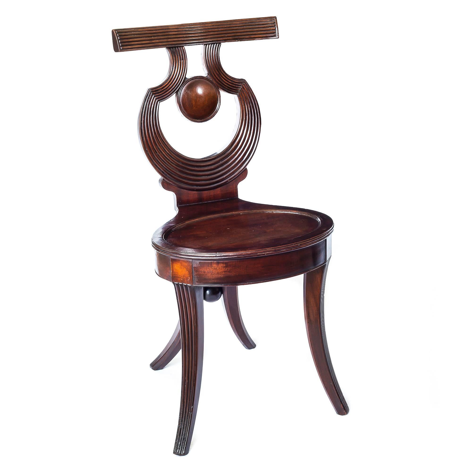 Carved Fine Rare English Regency Period Mahogany Hall Chairs