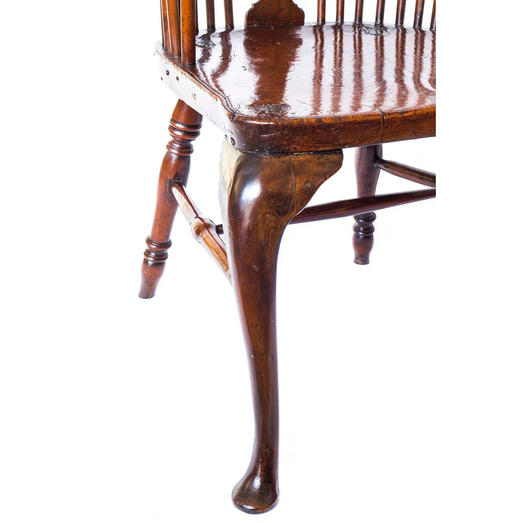 Carved George III Rustic High-Back Windsor Thames Valley Armchair, Elm, Ash and Walnut