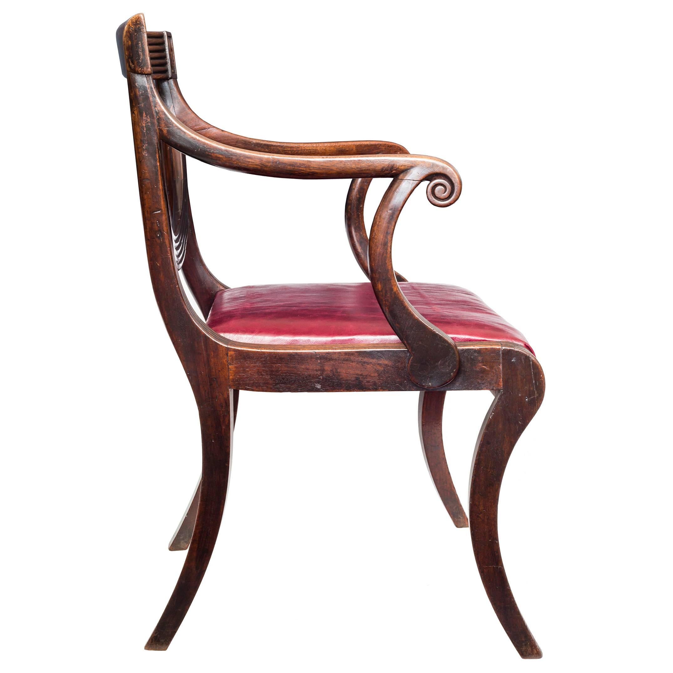 Carved Fine Early 19th Century English Regency Mahogany Klismos Desk Armchair, c. 1810