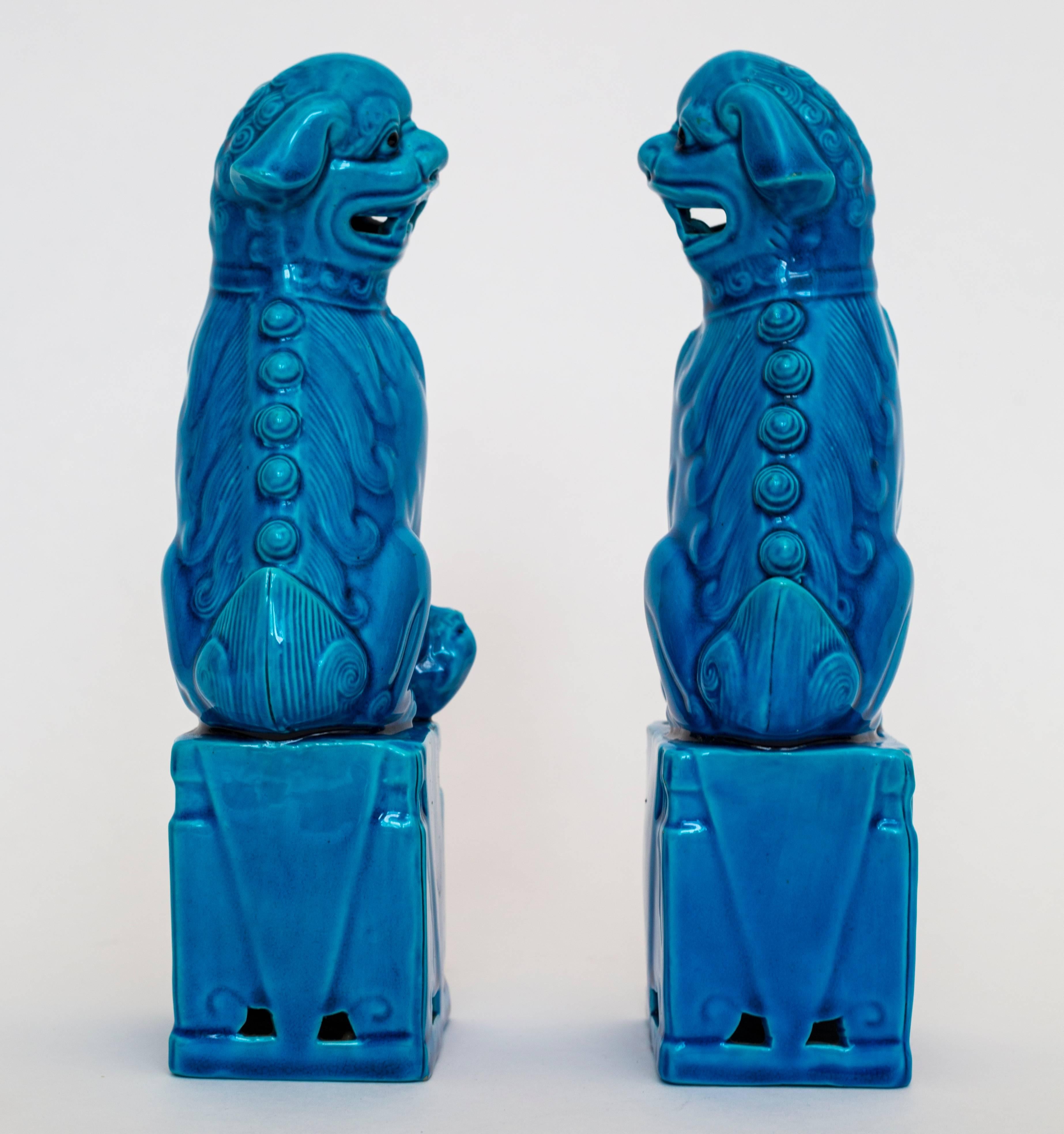 Ceramic Pair of Vintage Figures of Chinese Export Turquoise Guardian Lions or Foo Dogs