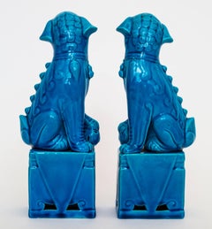 Pair of Vintage Figures of Chinese Export Turquoise Guardian Lions or Foo Dogs