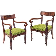 Fine Pair of 19th Century English Regency Mahogany Armchairs in Green Horsehair 1