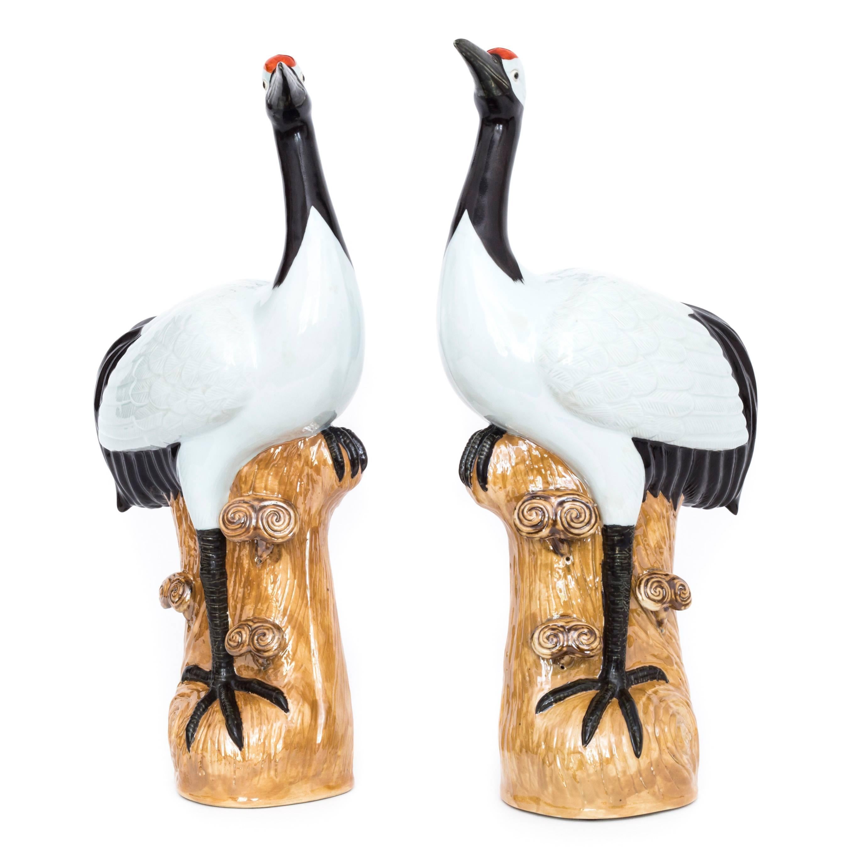20th Century Massive Pair of Chinese Republic Period Glazed Porcelain Cranes