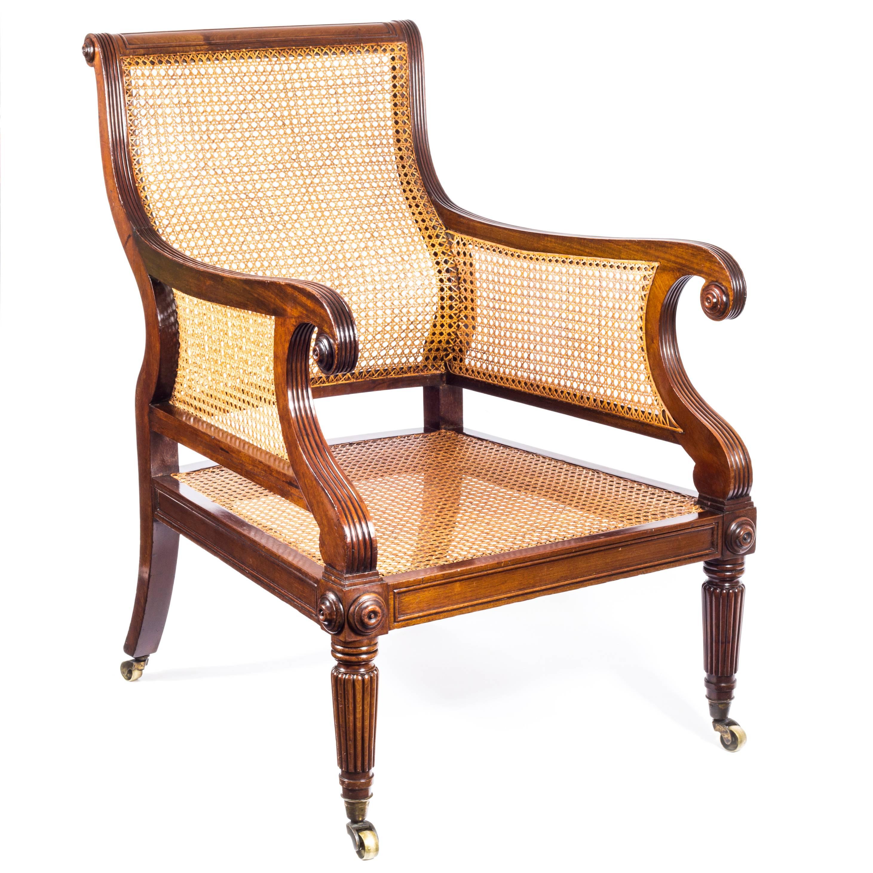 Cane English Regency Mahogany Library Bergère Armchair Attributed to Gillows