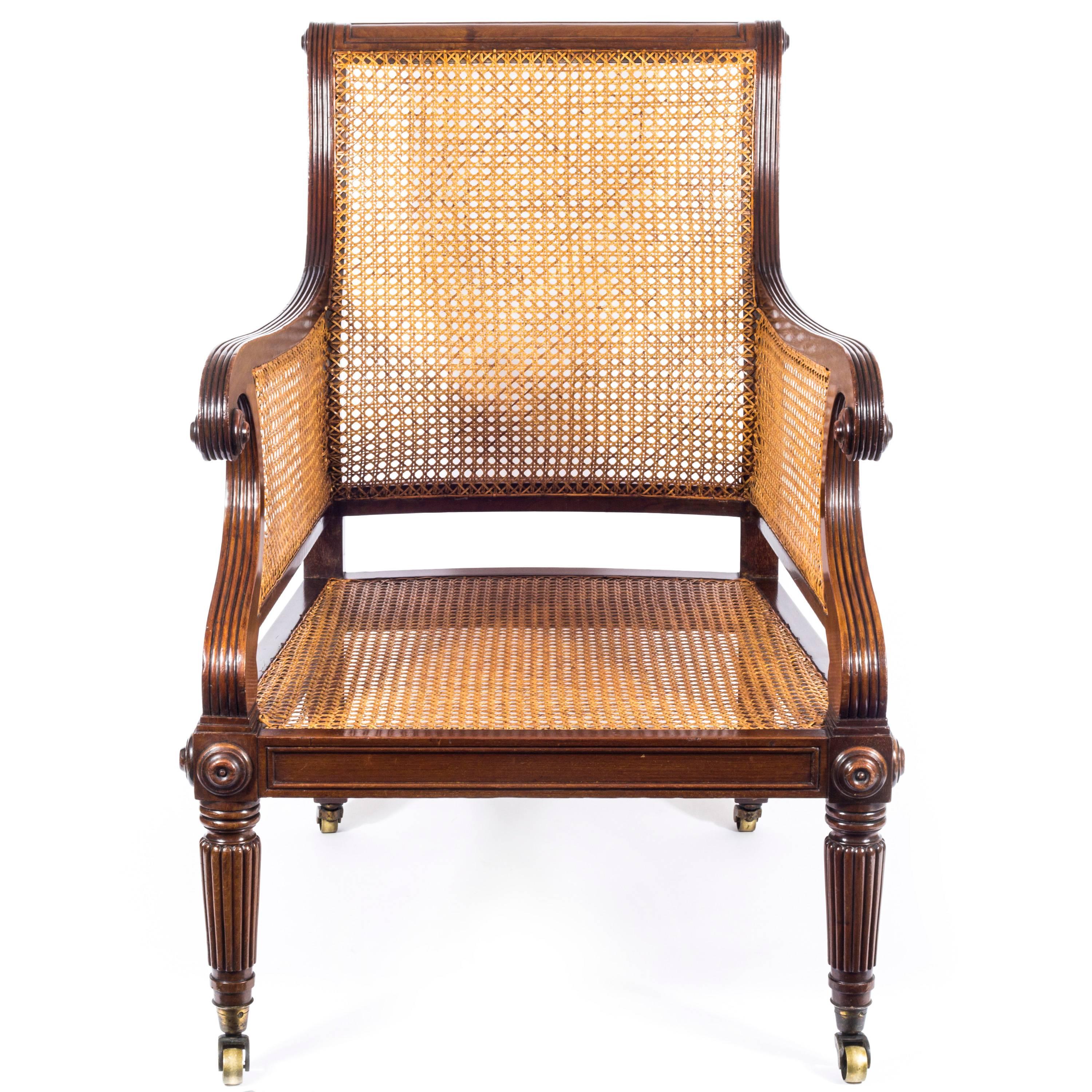 19th Century English Regency Mahogany Library Bergère Armchair Attributed to Gillows