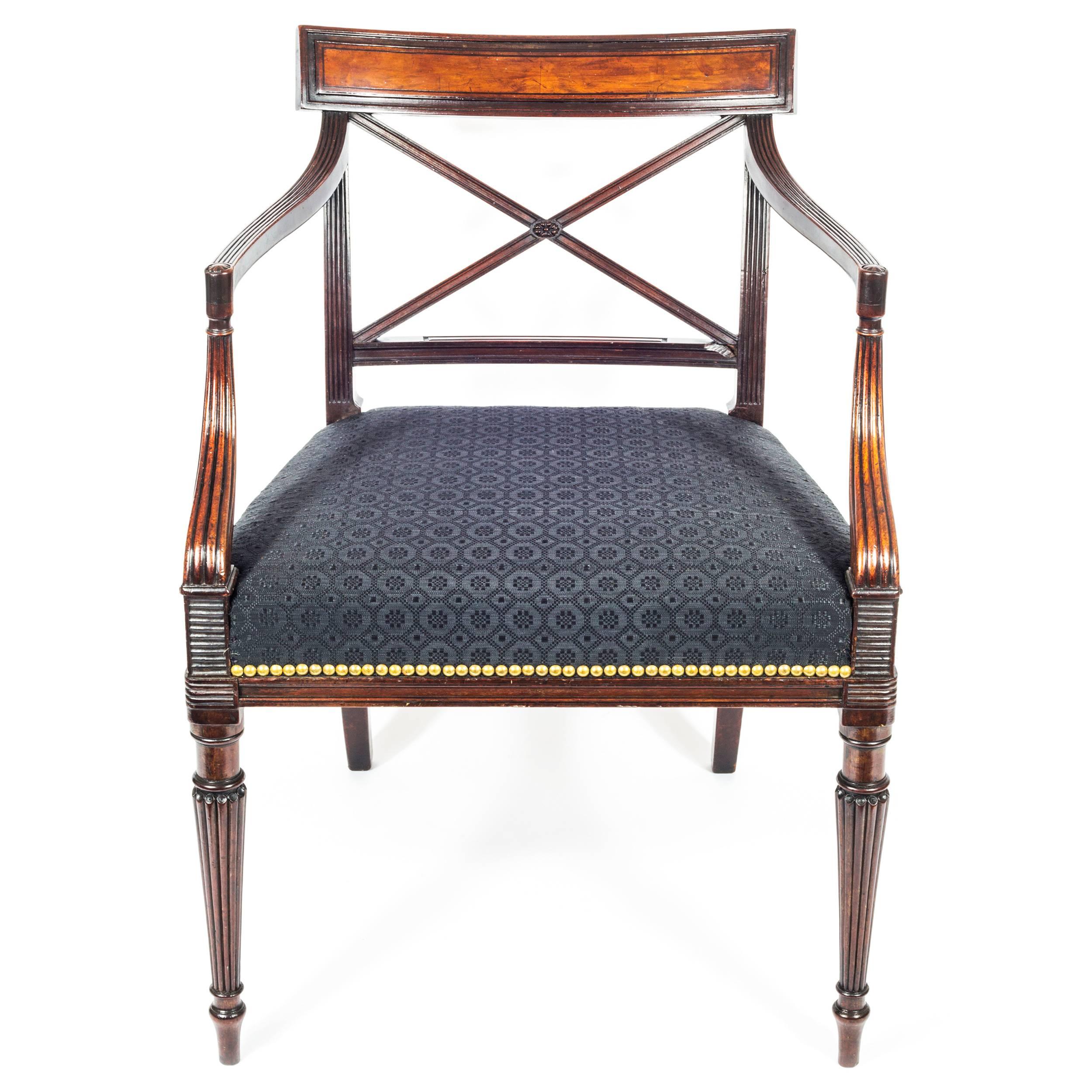 English Georgian Regency Neoclassical Mahogany Desk Armchair in Black Horsehair 1