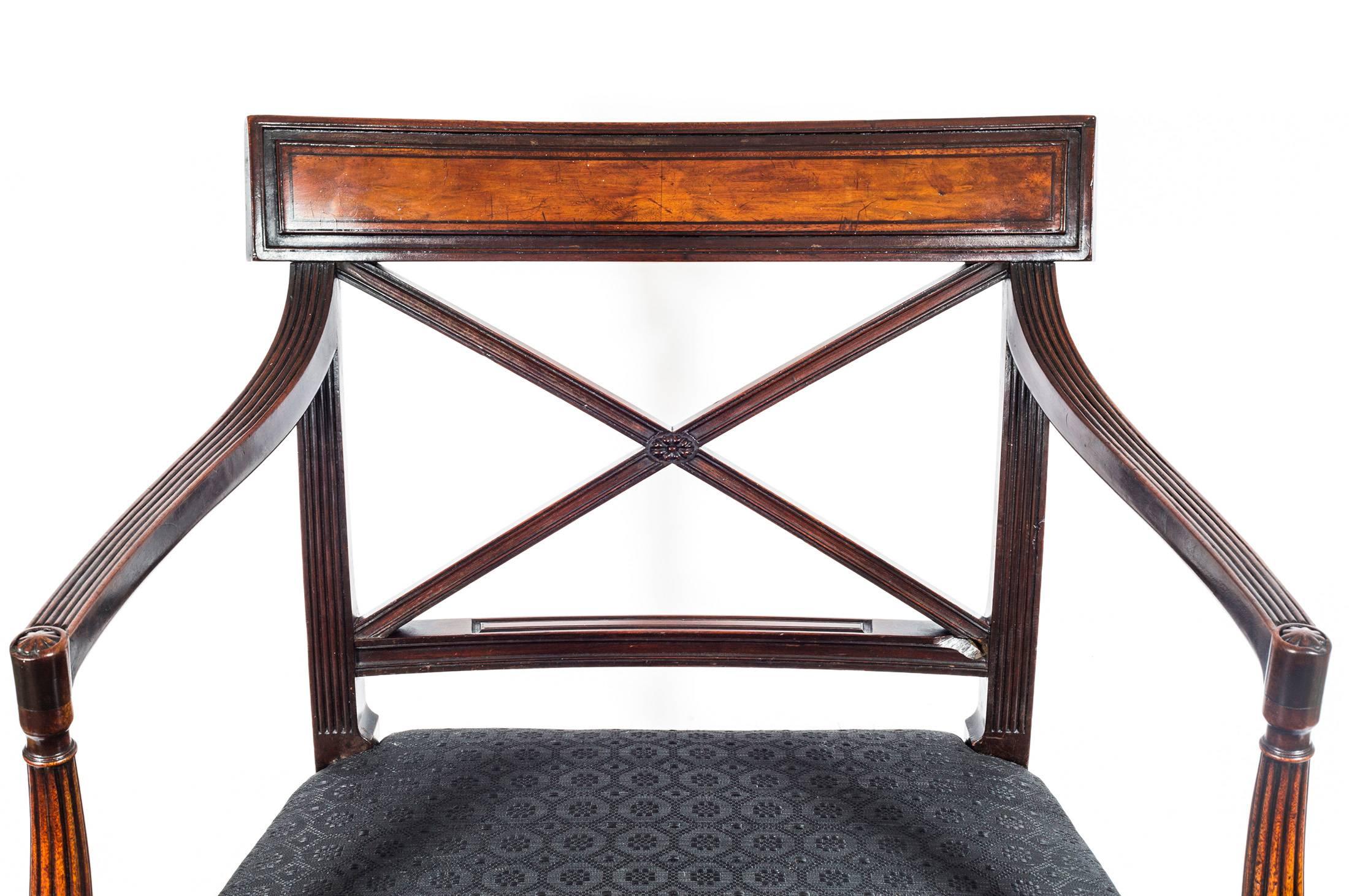 Hand-Carved English Georgian Regency Neoclassical Mahogany Desk Armchair in Black Horsehair
