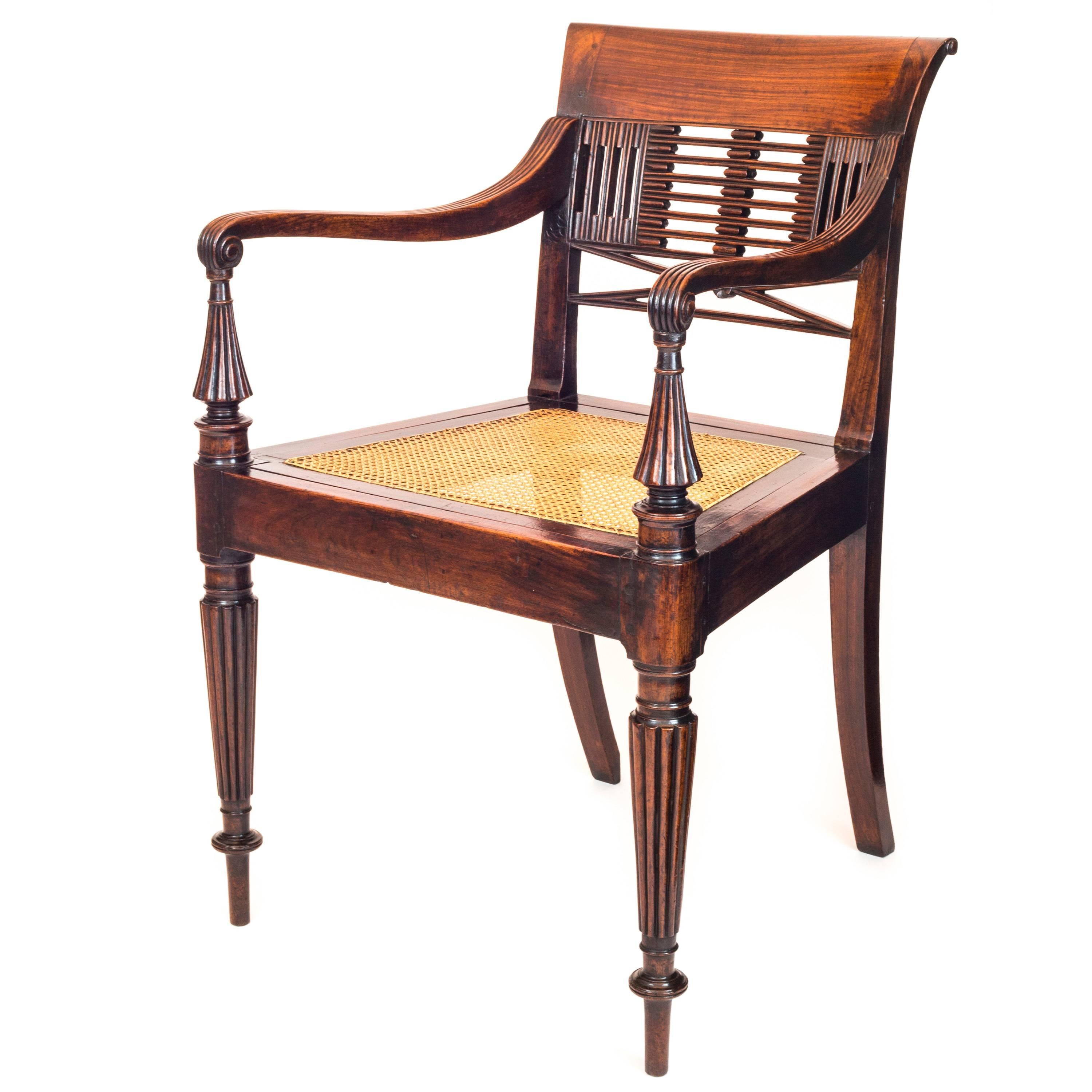 Hand-Carved Early 19th Century English Regency Colonial Carved Padouk Campaign Desk Armchair