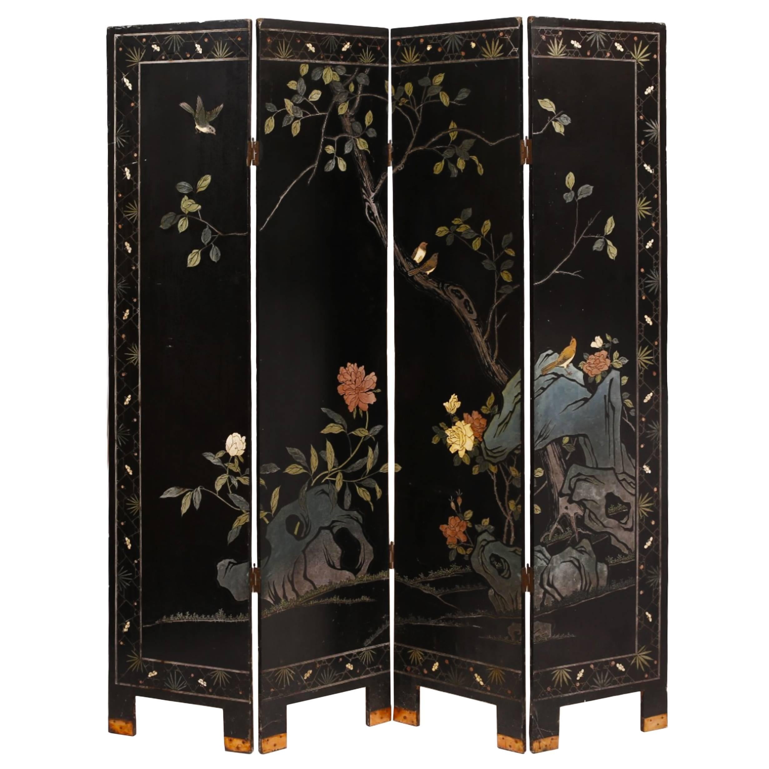 Antique Chinese 19th Century Black Lacquer Gilt Polychrome Four-Panel Screen 1