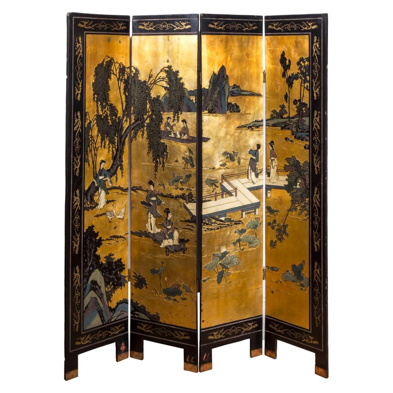 19th Century Chinese Black Lacquer Gilt Painted Room Divider Screen For