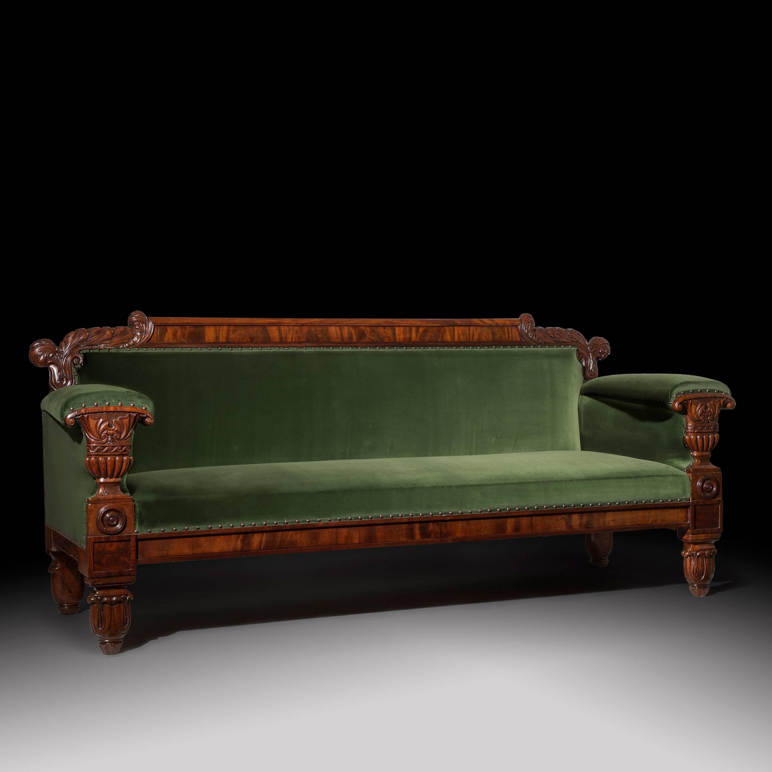 Hand-Carved English 19th Century Regency Mahogany Sofa in Green Velvet Design by John Taylor