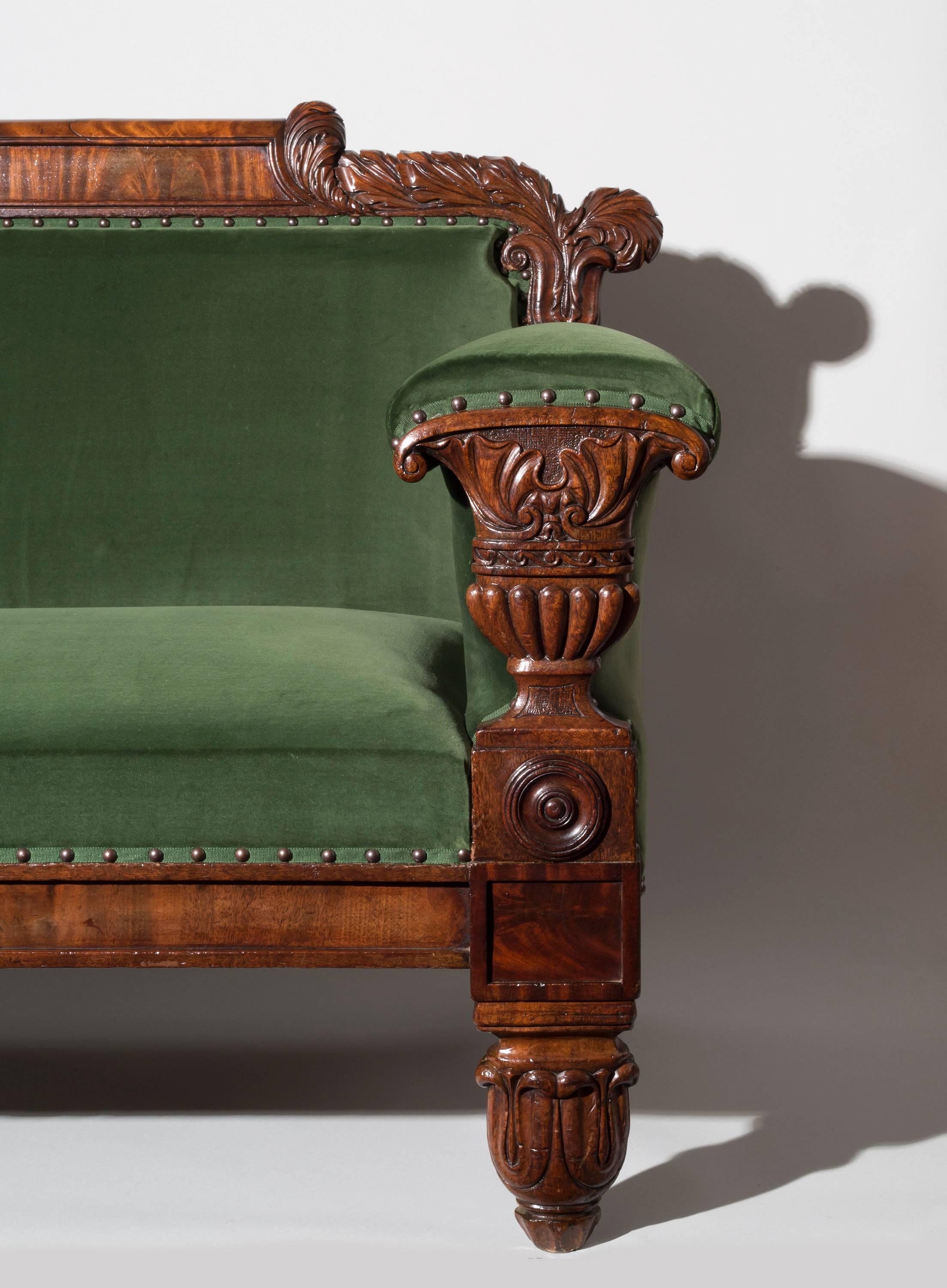 Greek Revival English 19th Century Regency Mahogany Sofa in Green Velvet Design by John Taylor