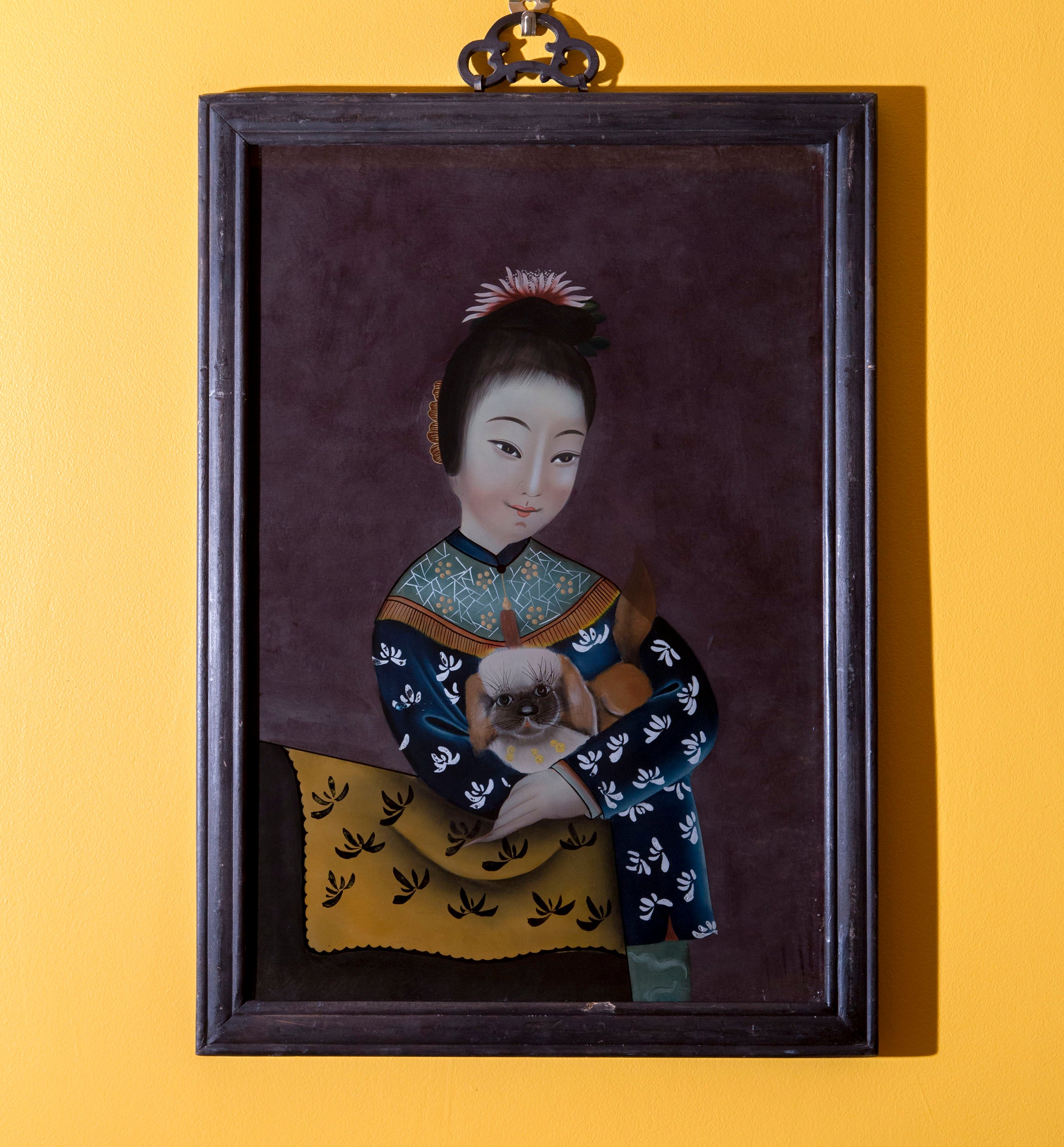 Pair Of Antique Chinese Export Reverse Glass Portraits Of Ladies
