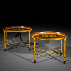 Pair of Italian Mid-Century Yellow Toleware Tray Tables with Classical Figures