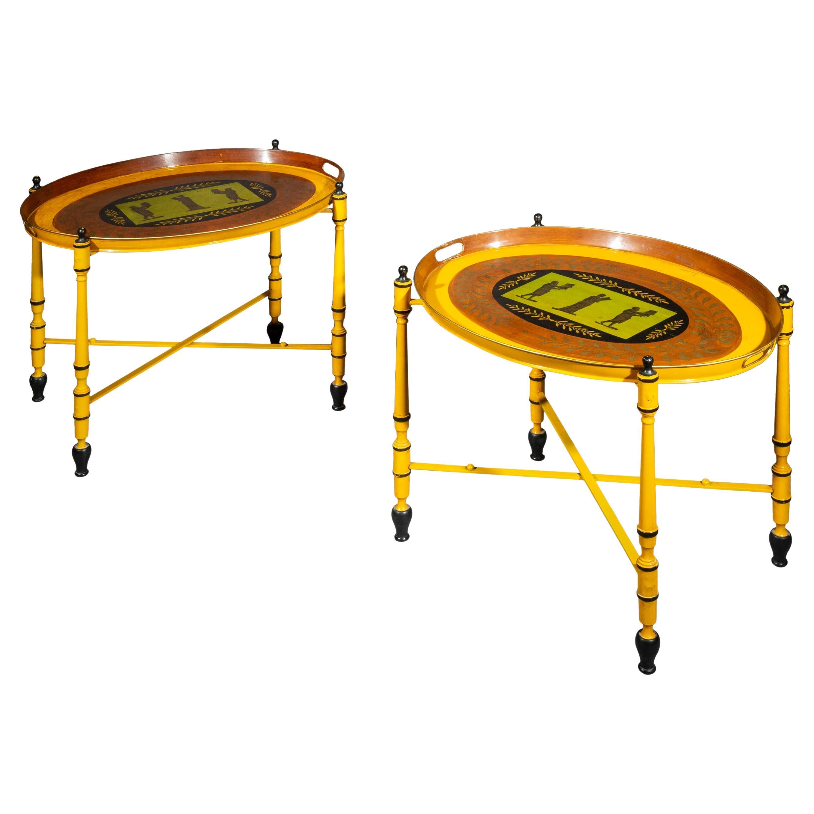 Pair of Yellow Mid-Century Tray Tables with Classical Figures For Sale