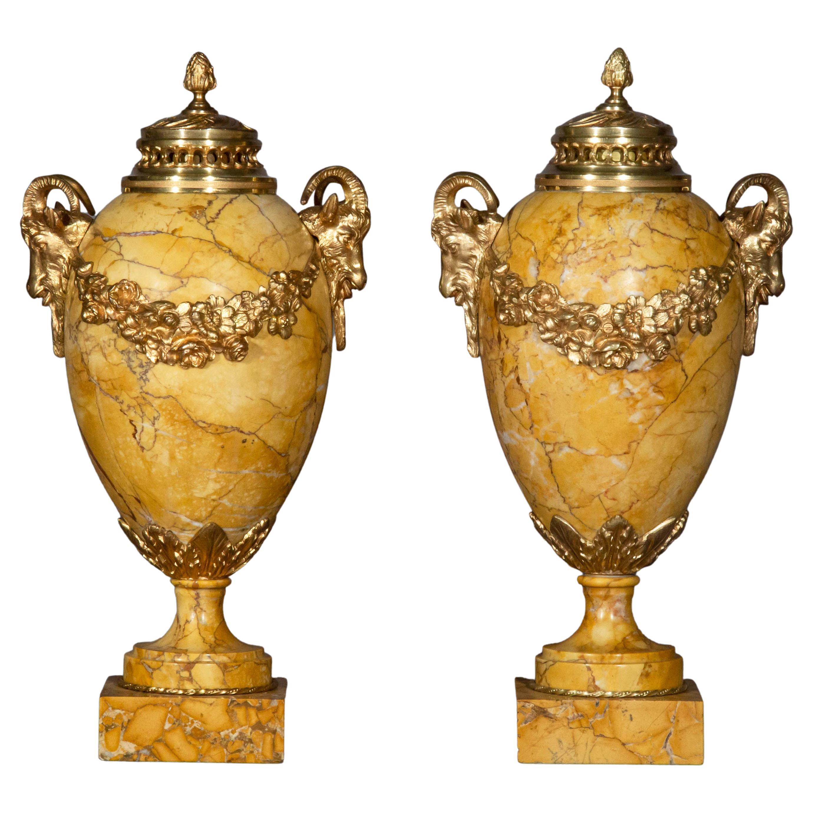 Paire d'urnes néoclassiques anciennes en marbre de Sienne avec montures en bronze doré en vente
