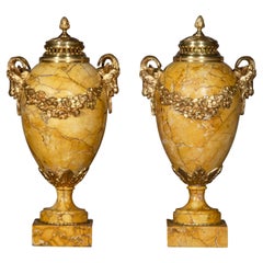 Pair of Antique Neoclassical Siena Marble Urns with Gilt Bronze Mounts