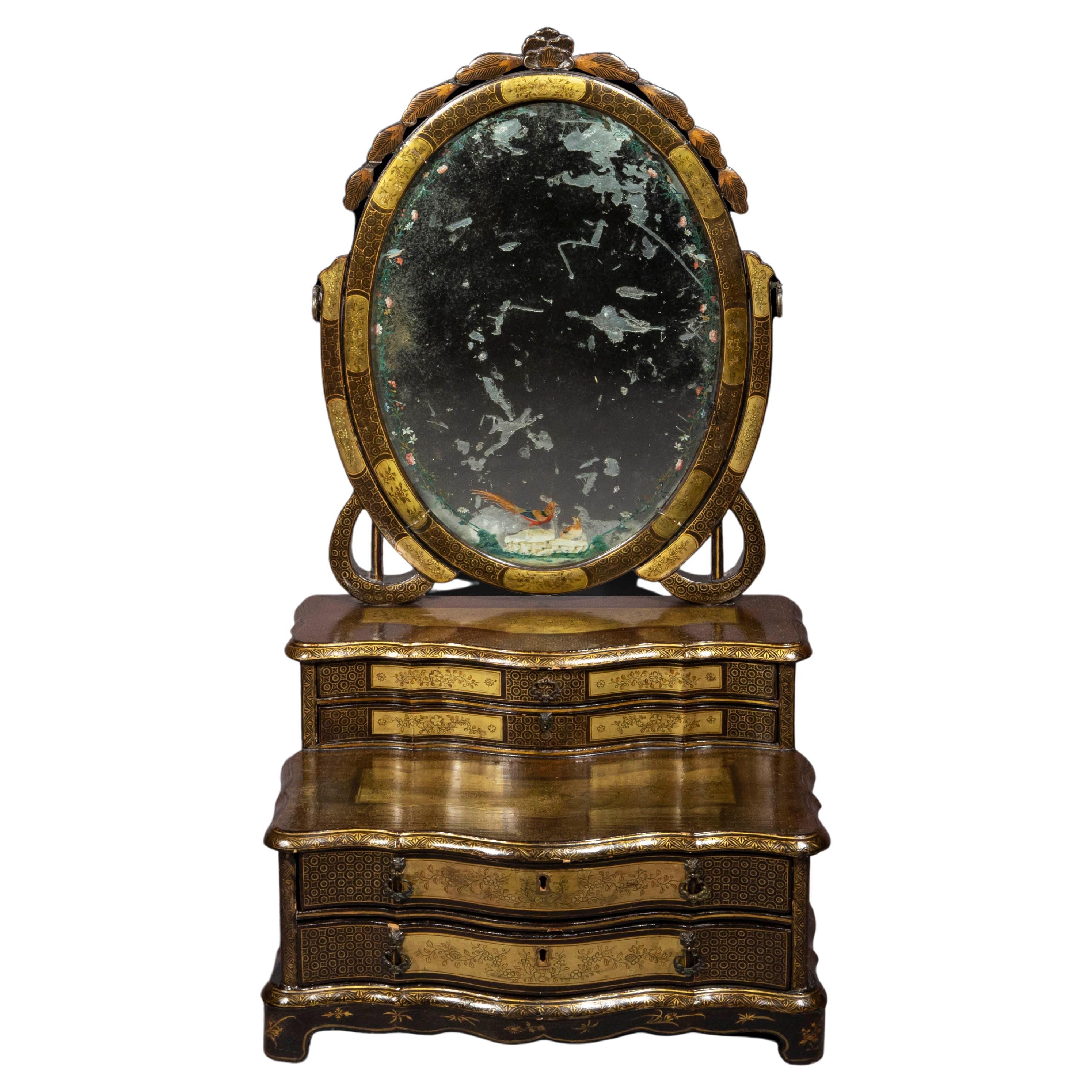 Regency Chinoiserie Black Lacquer Dressing Mirror with Hand-Painted Mirror Plate