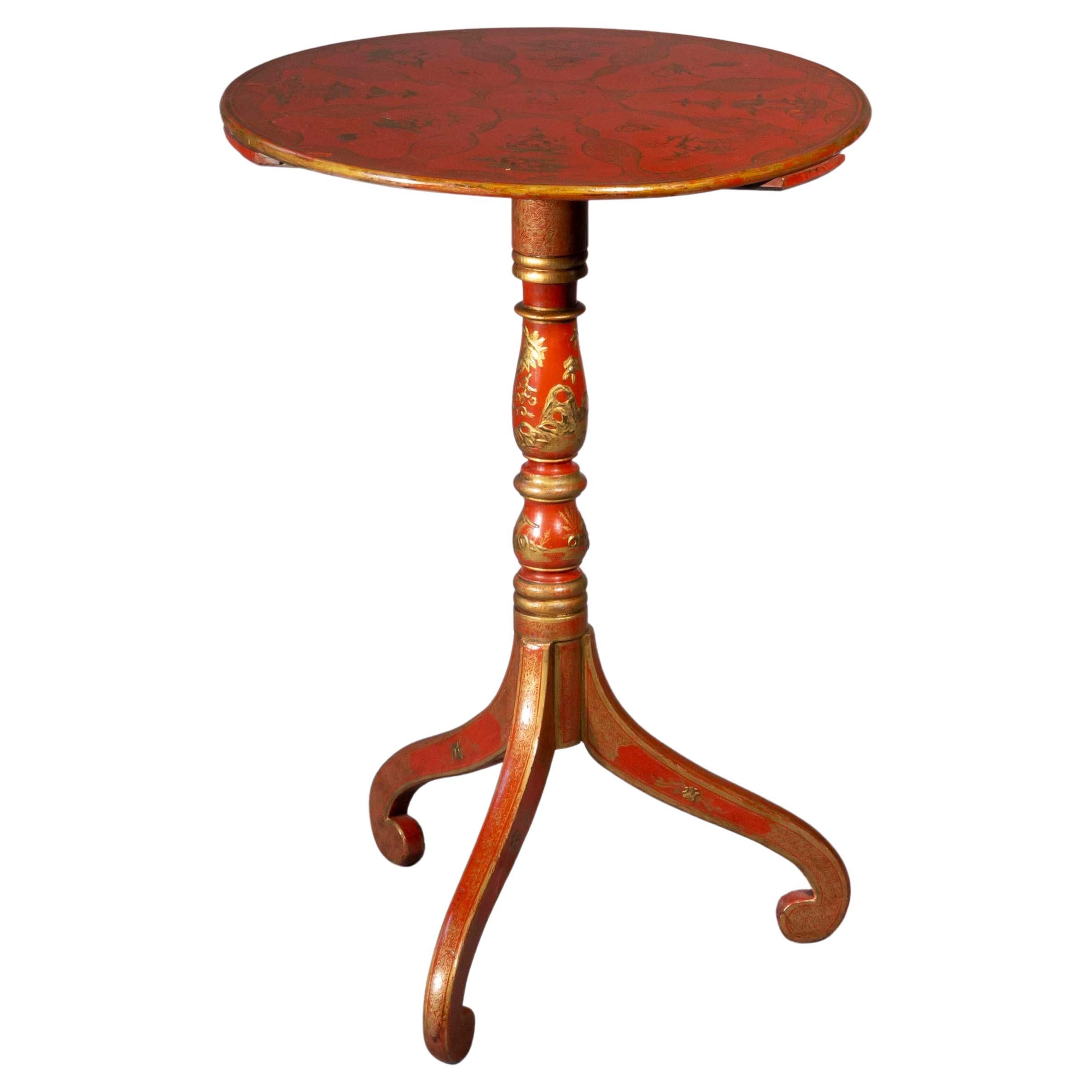 Antique Chinoiserie Lamp Table with Hand-Painted Red Lacquer