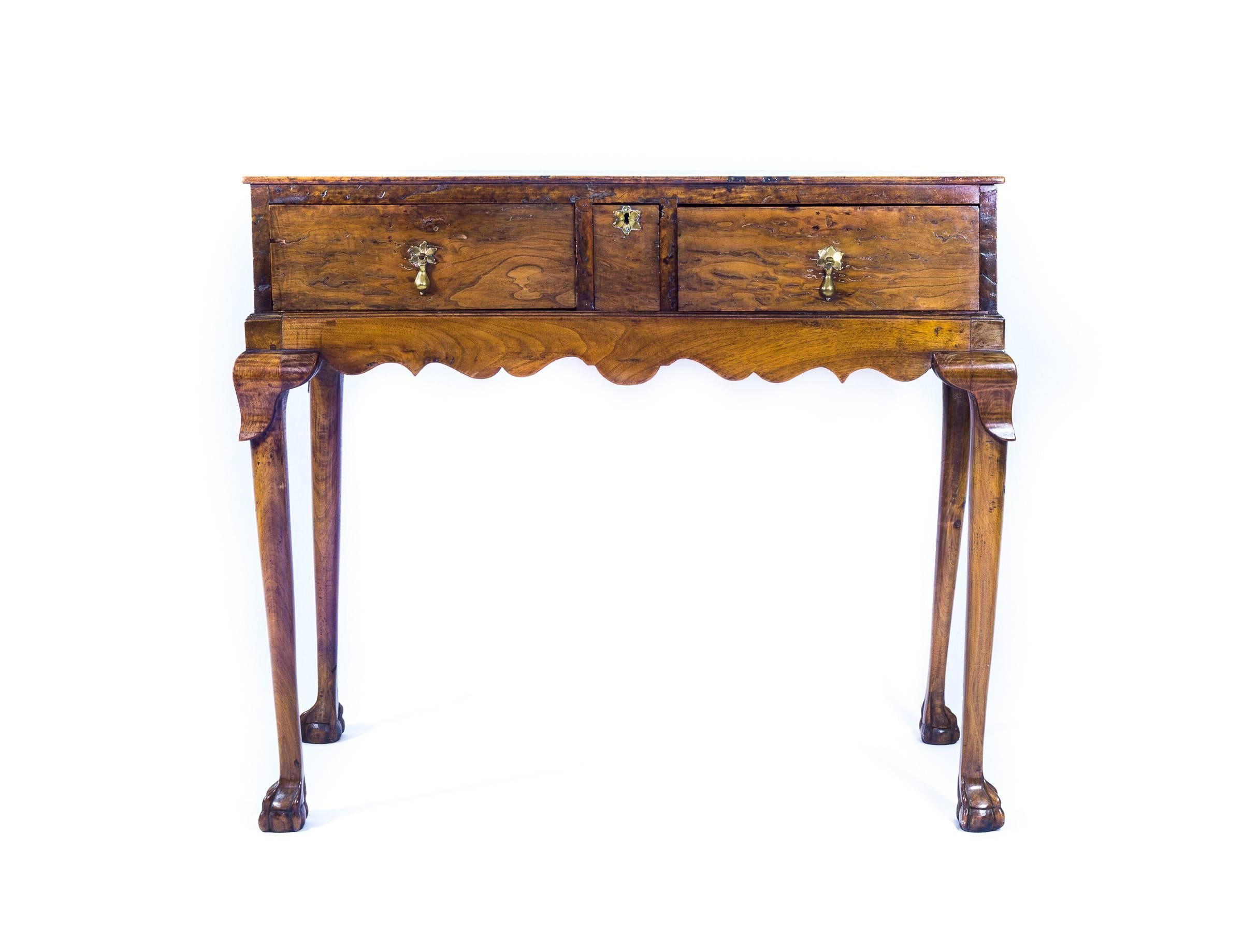 Carved Rare Early 18th Century Country Made Burr Yew Lowboy