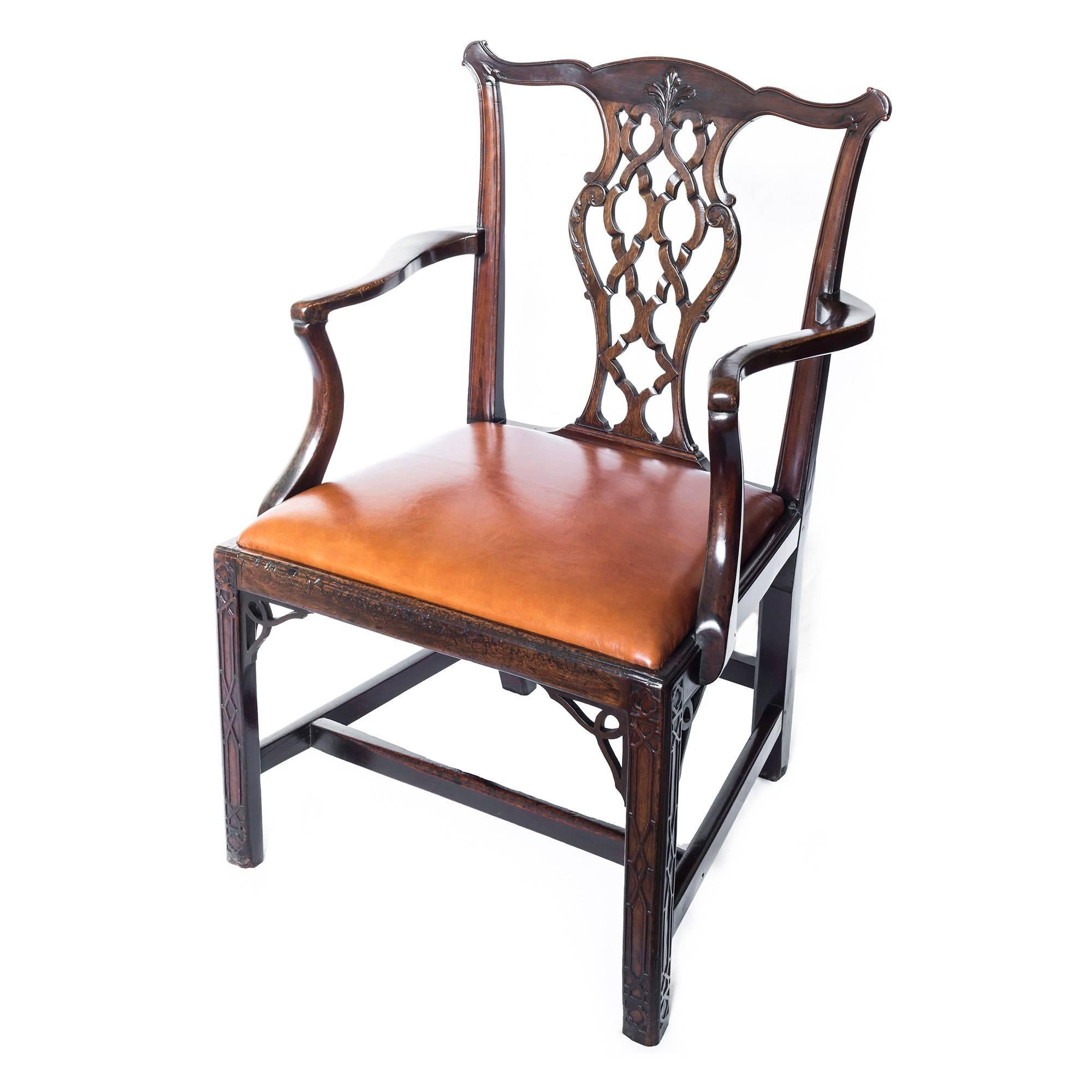 18th Century English Georgian Gothic Chippendale Tan Leather Desk Armchair In Excellent Condition In London, GB