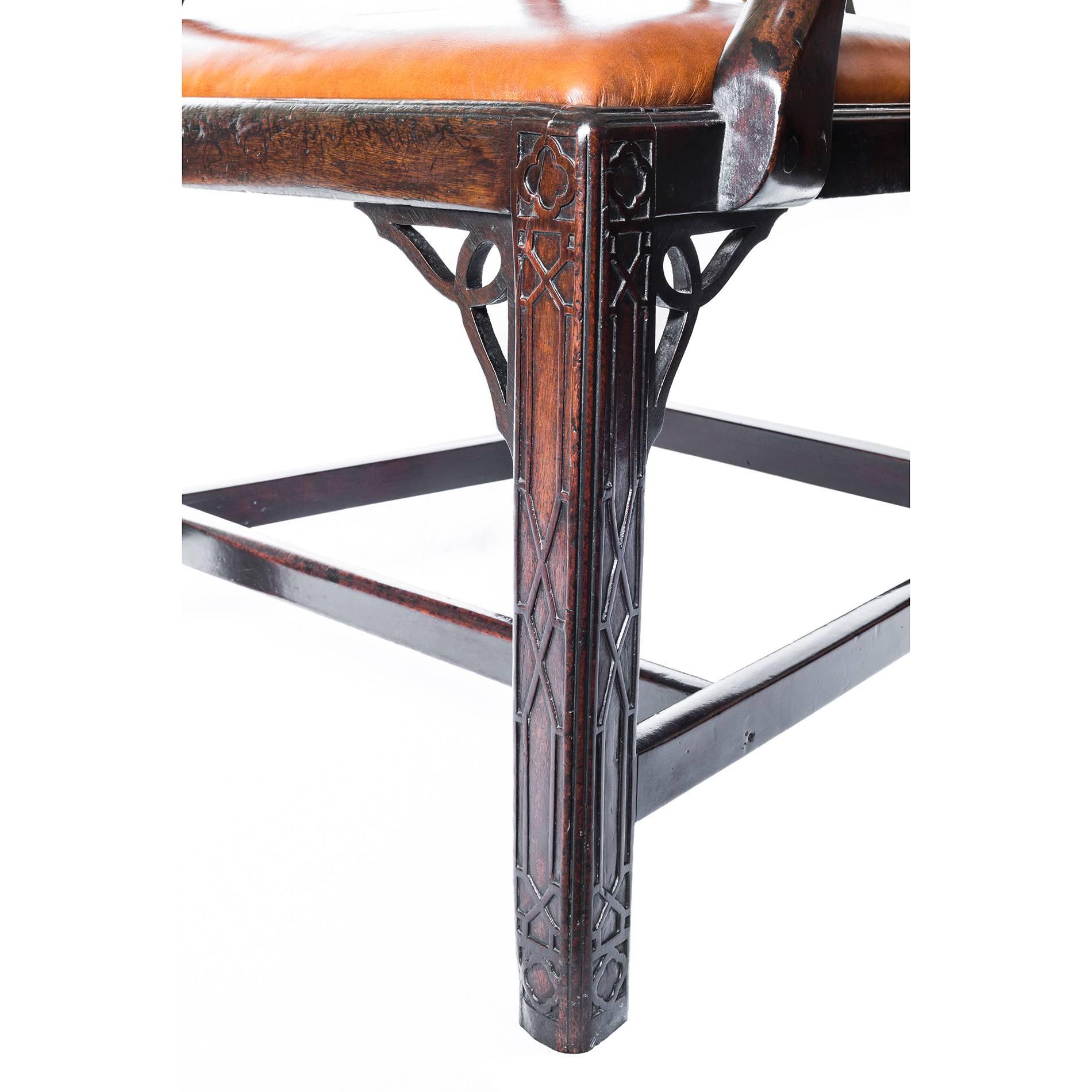 Mahogany 18th Century English Georgian Gothic Chippendale Tan Leather Desk Armchair