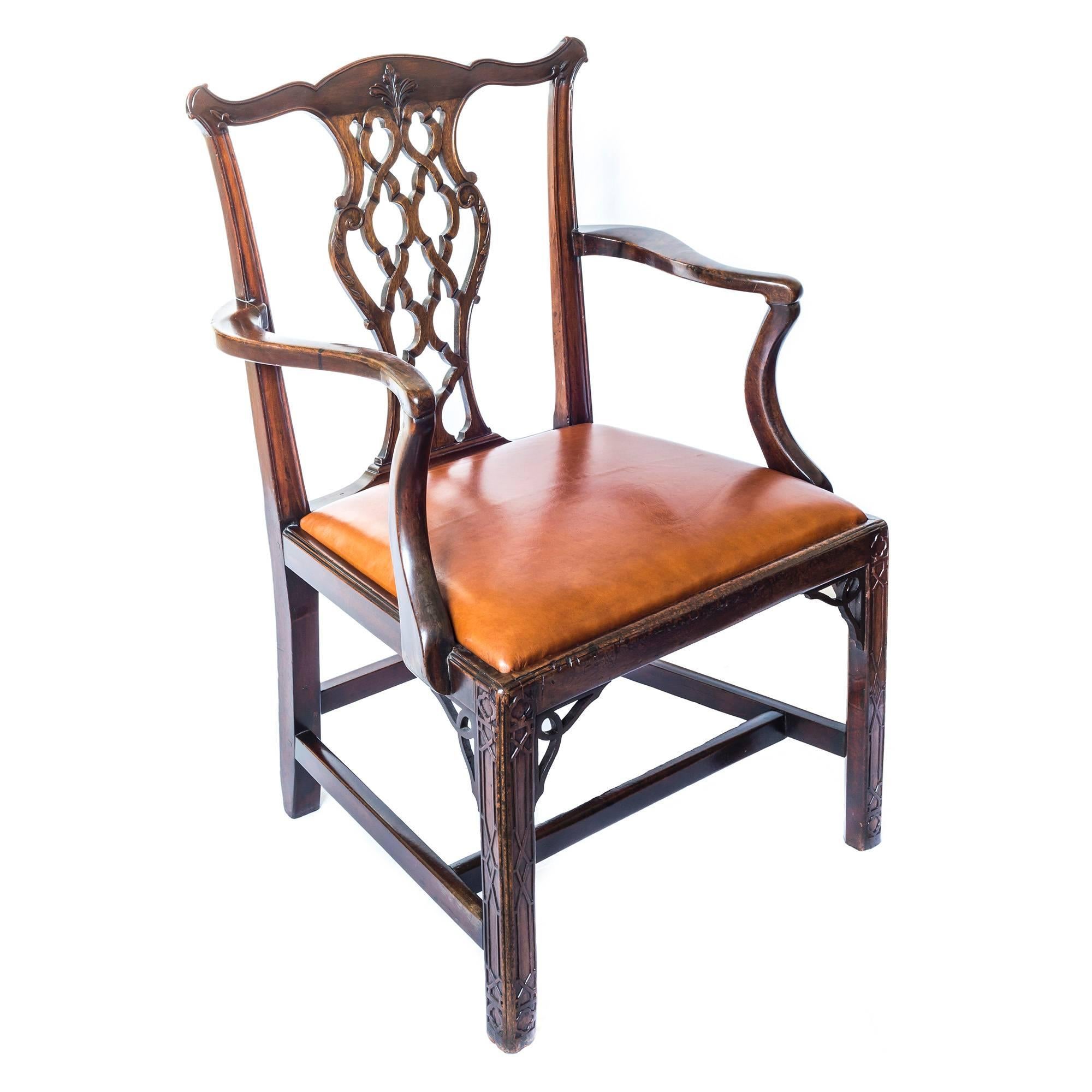 18th Century English Georgian Gothic Chippendale Tan Leather Desk Armchair