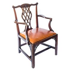 Used 18th Century English Georgian Gothic Chippendale Tan Leather Desk Armchair