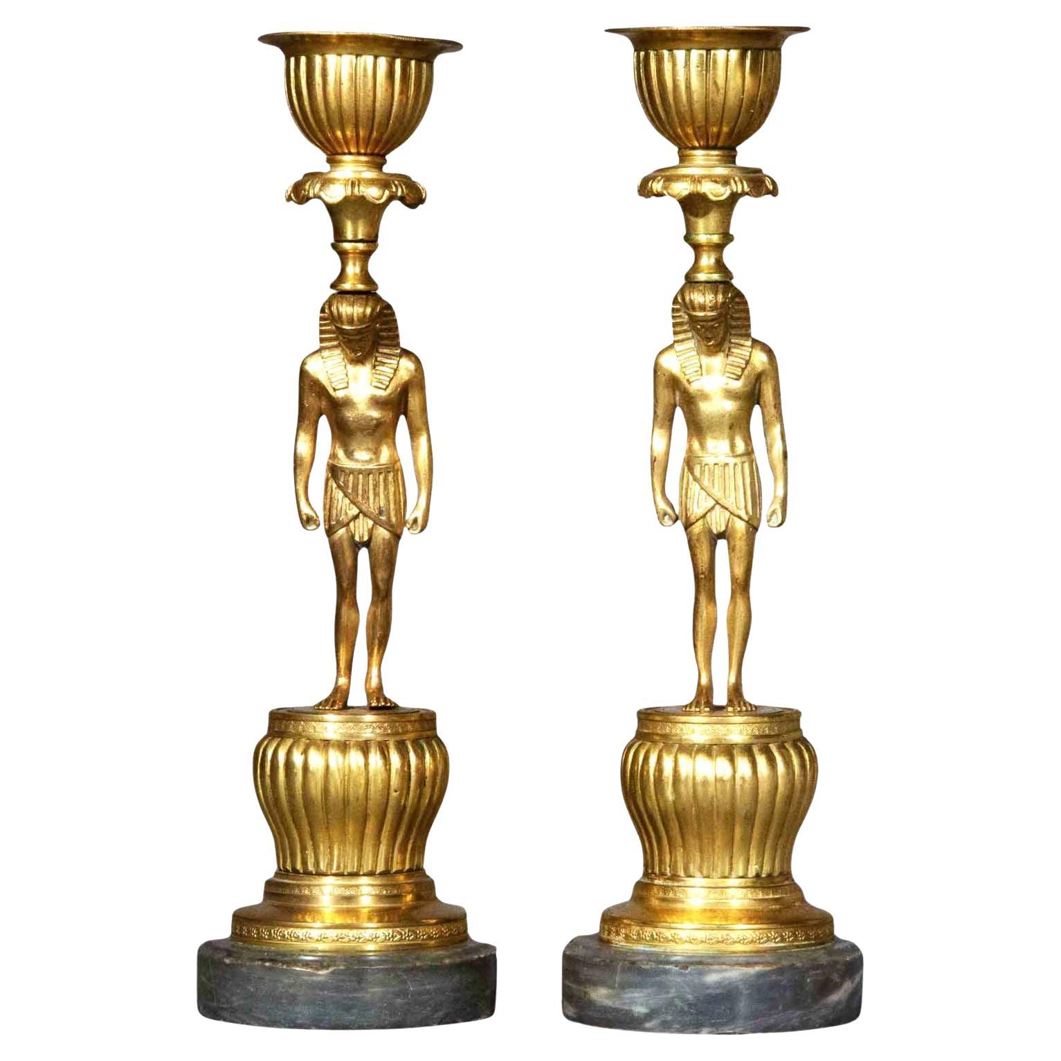 Early 19th Century French Ormolu Egyptian Revival Candlesticks, Circa 1810