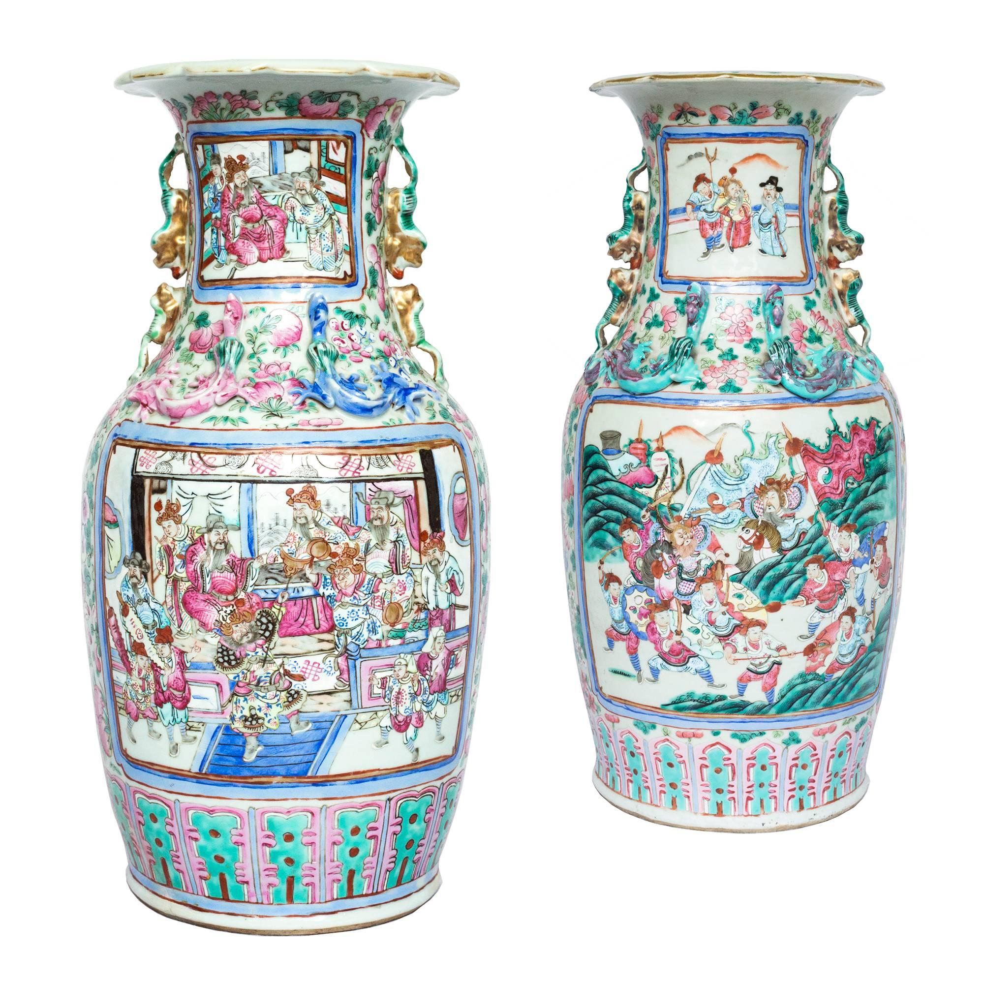 Large Close Pair of 19th Century Chinese Famille Rose Vases