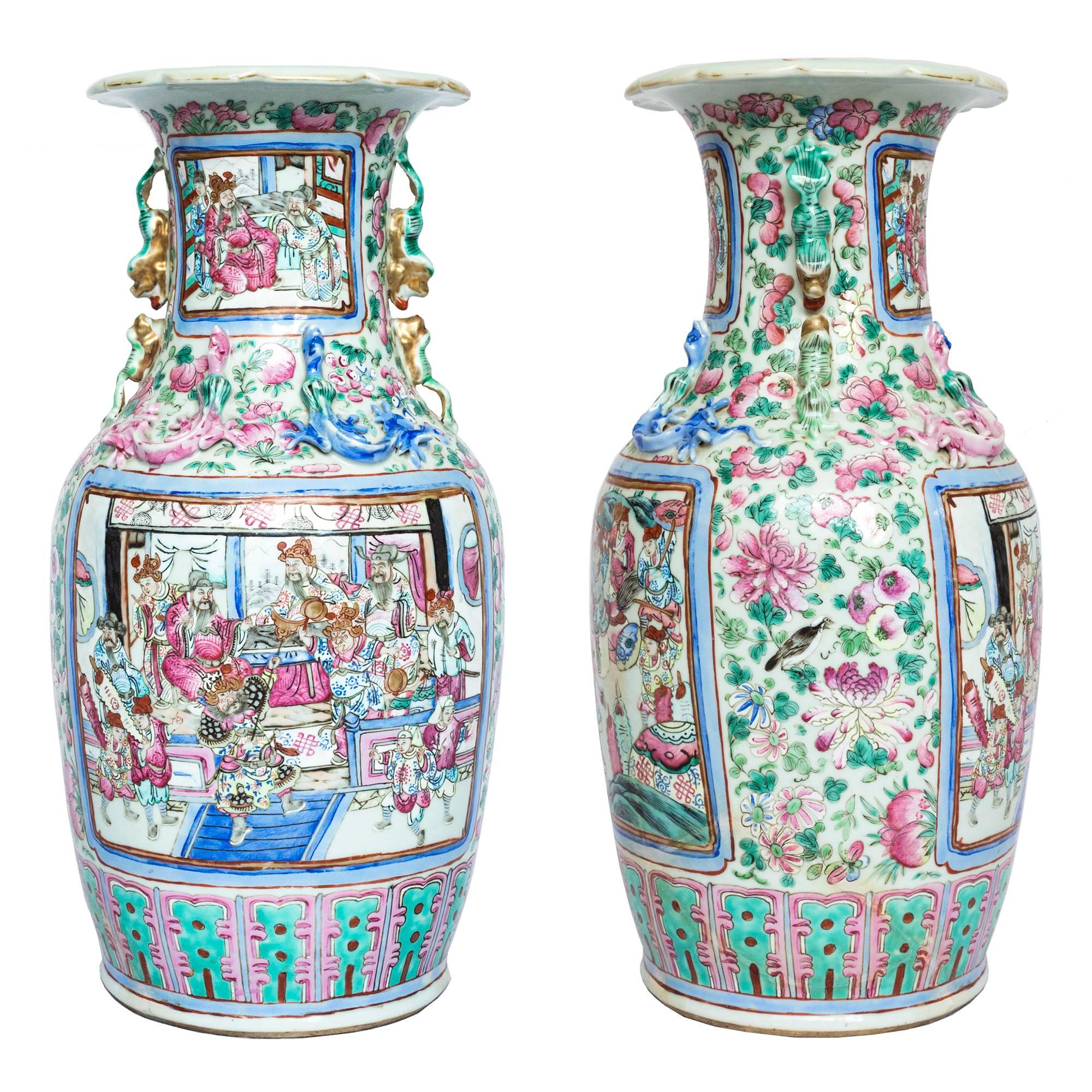 Hand-Painted Large Close Pair of 19th Century Chinese Famille Rose Vases