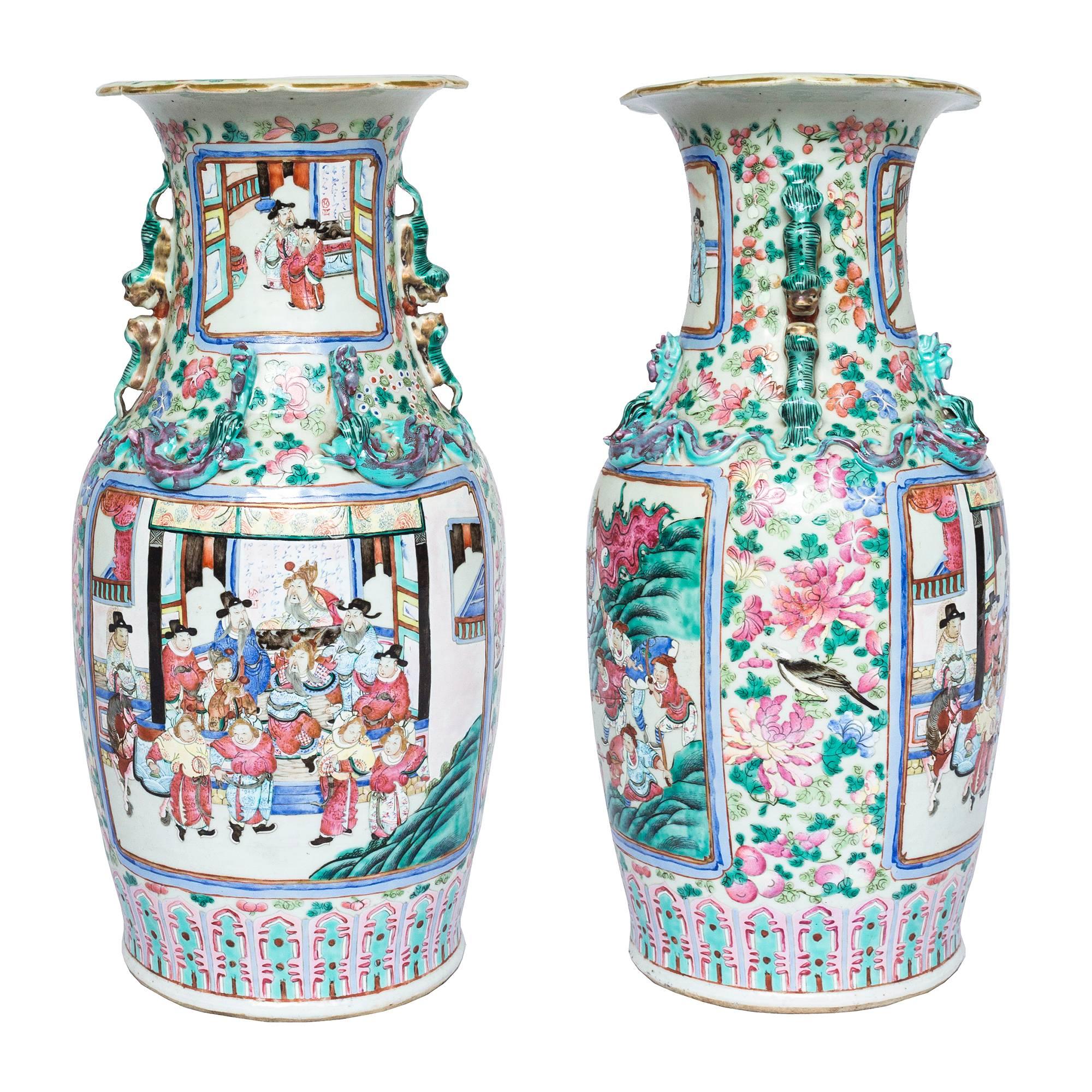 Late 19th Century Large Close Pair of 19th Century Chinese Famille Rose Vases