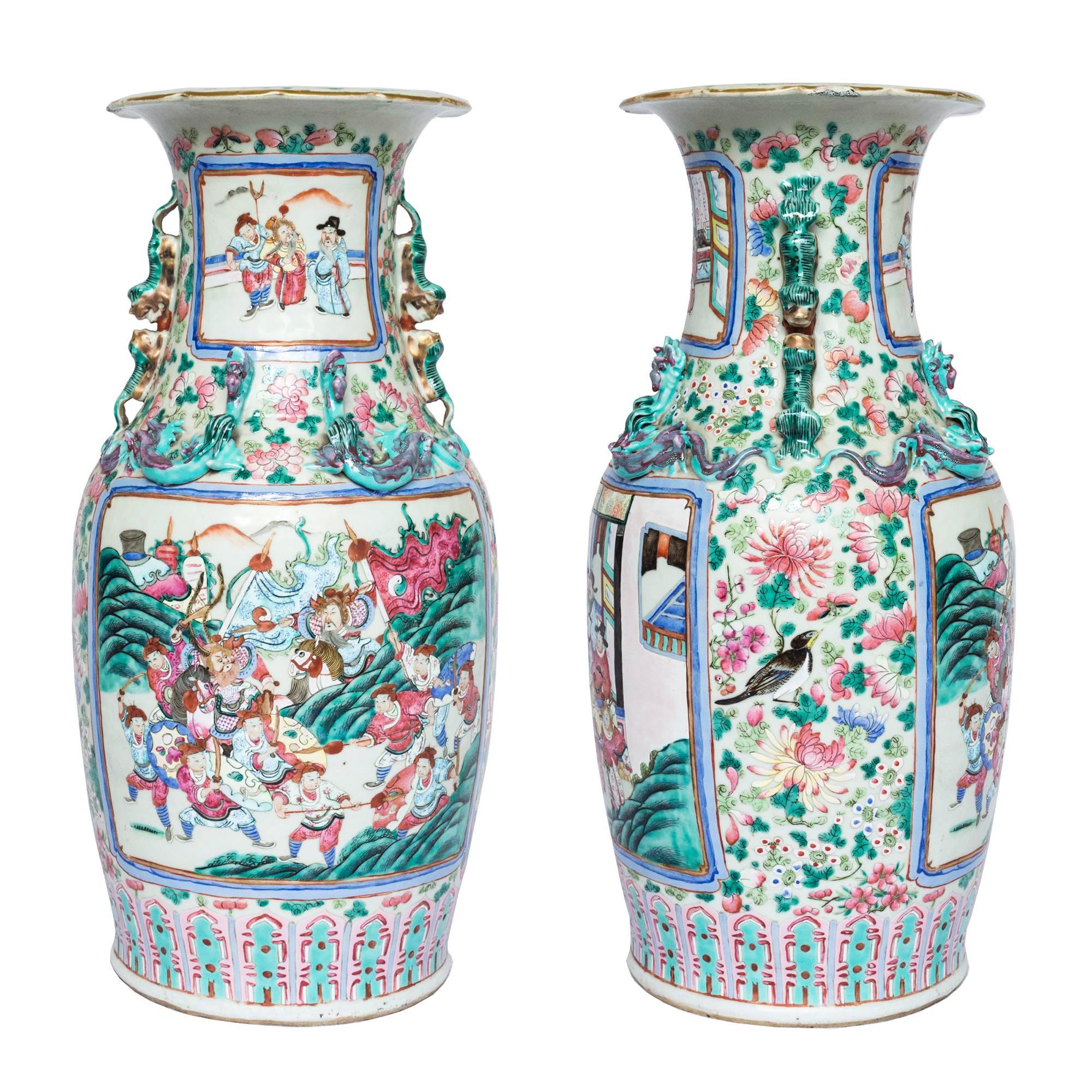 Porcelain Large Close Pair of 19th Century Chinese Famille Rose Vases