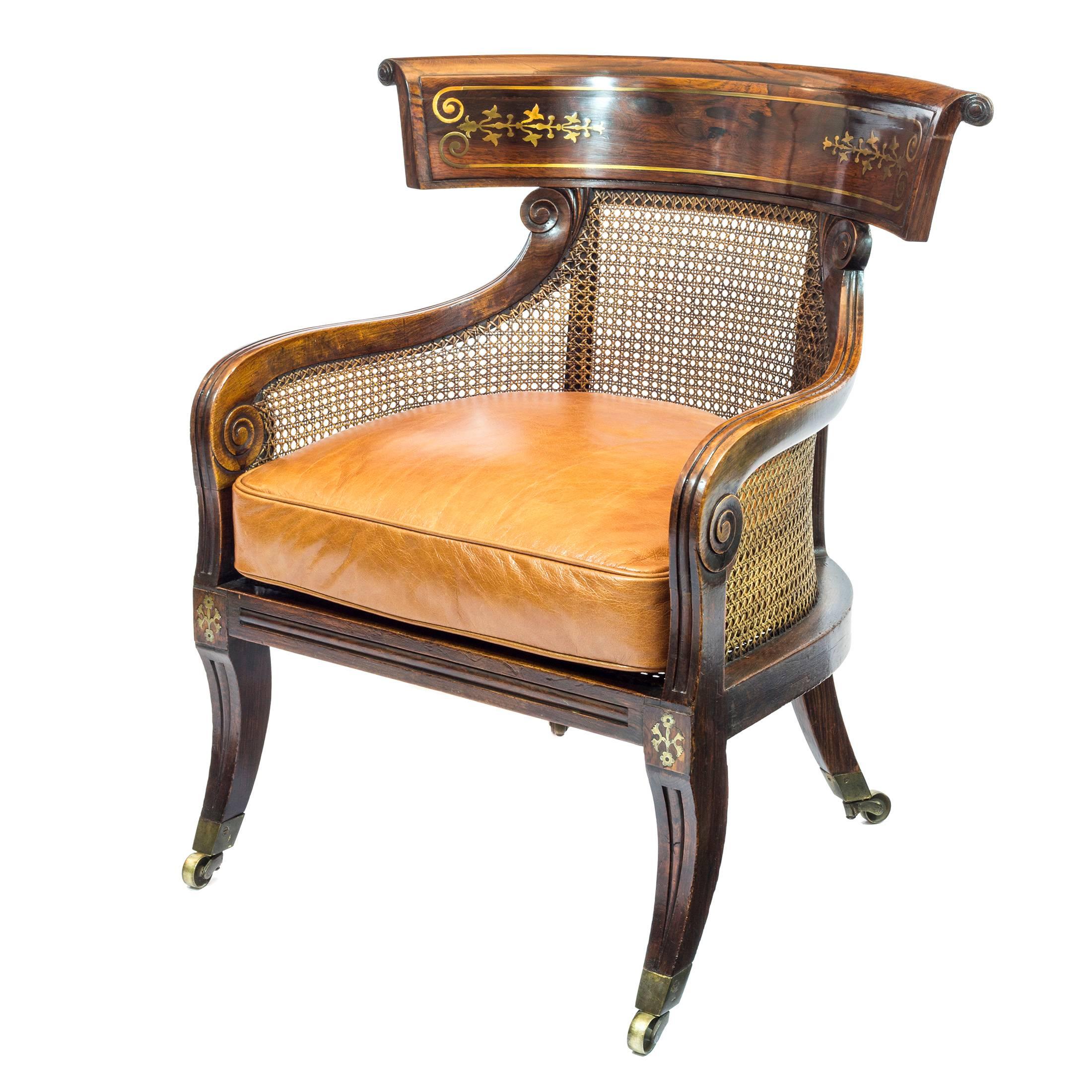 19th Century English Regency Caned Klismos Library Armchair with Leather Cushion In Excellent Condition In Richmond, London