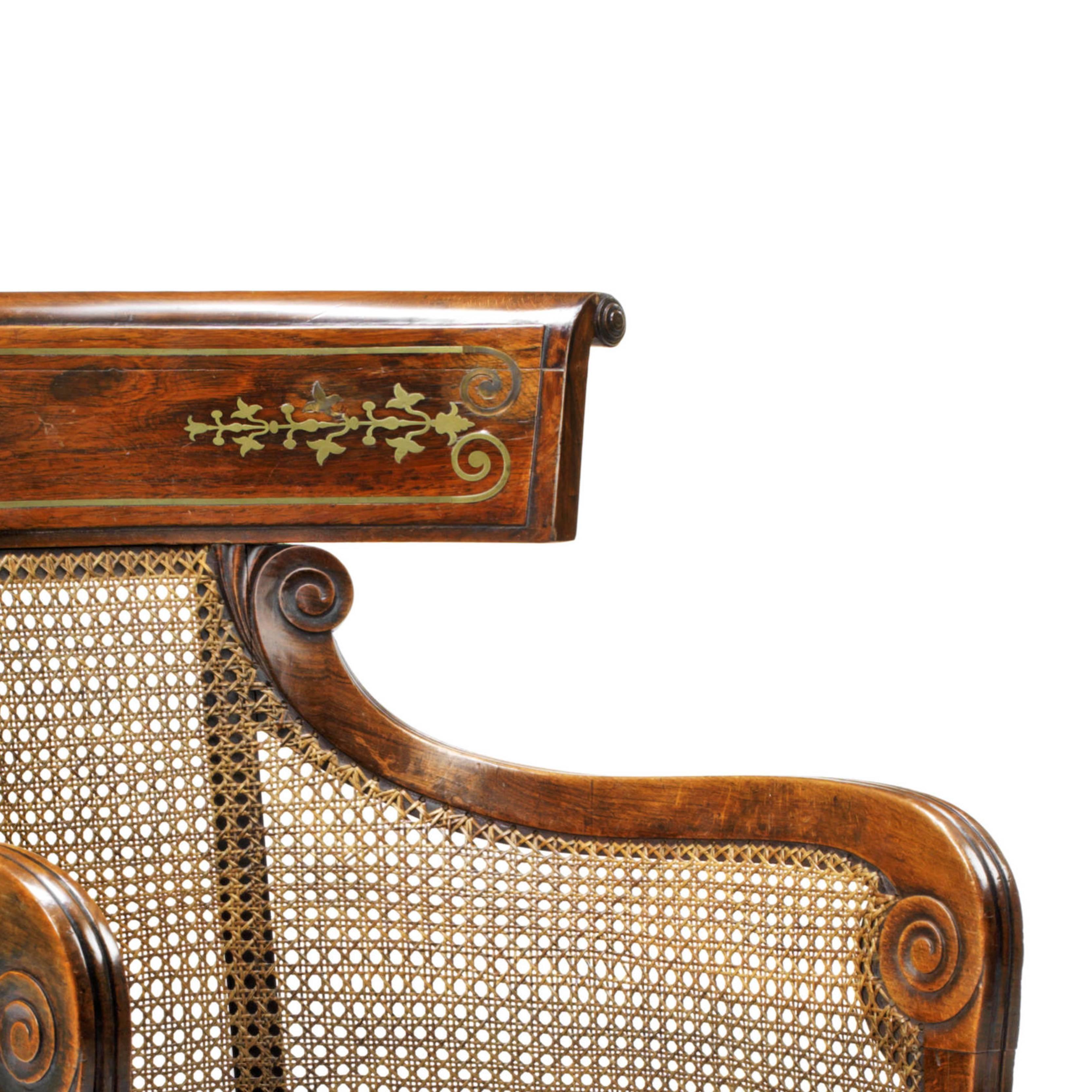 Inlay 19th Century English Regency Caned Klismos Library Armchair with Leather Cushion