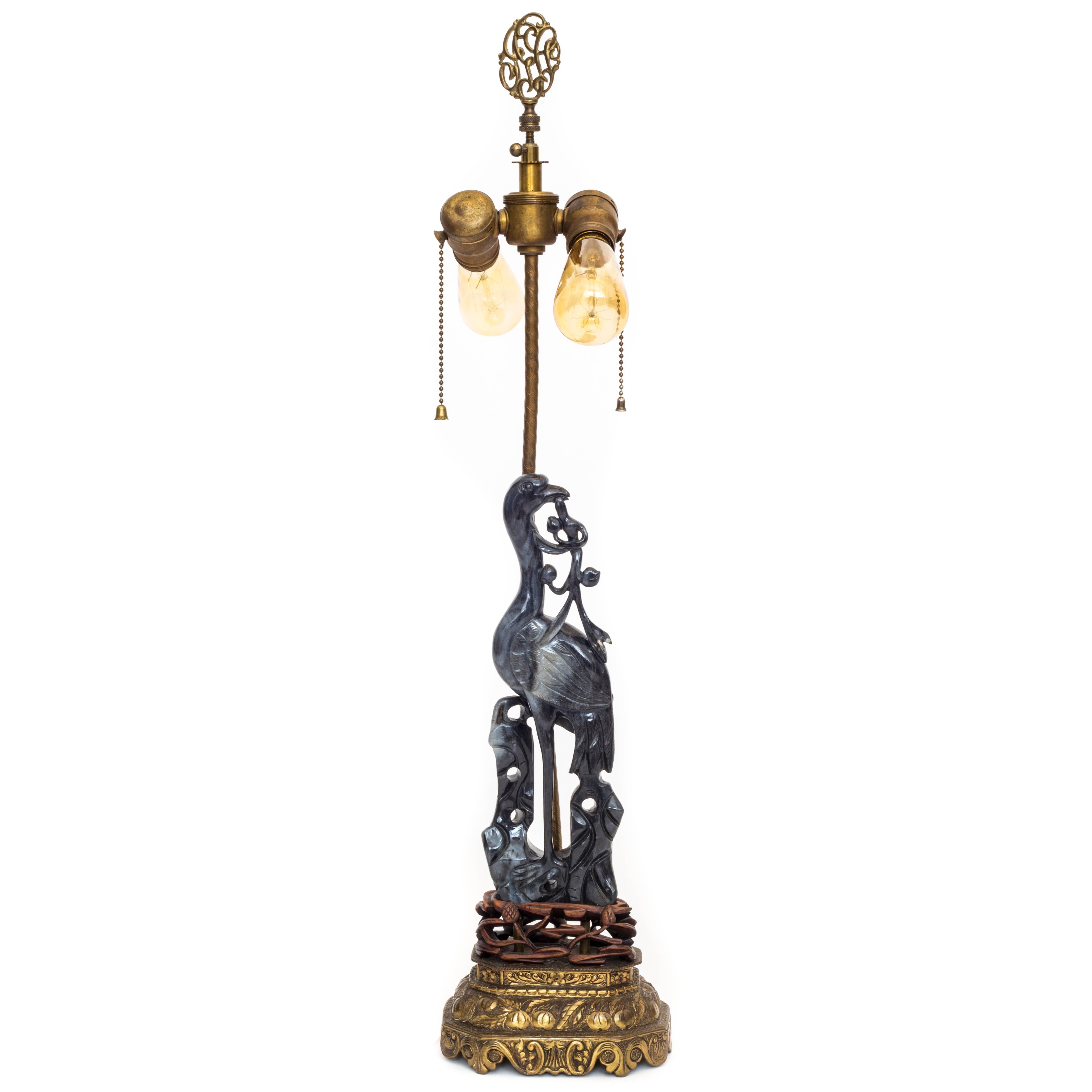Antique 19th Century Qing Dynasty Chinese Carved Hardstone Crane Table Lamp