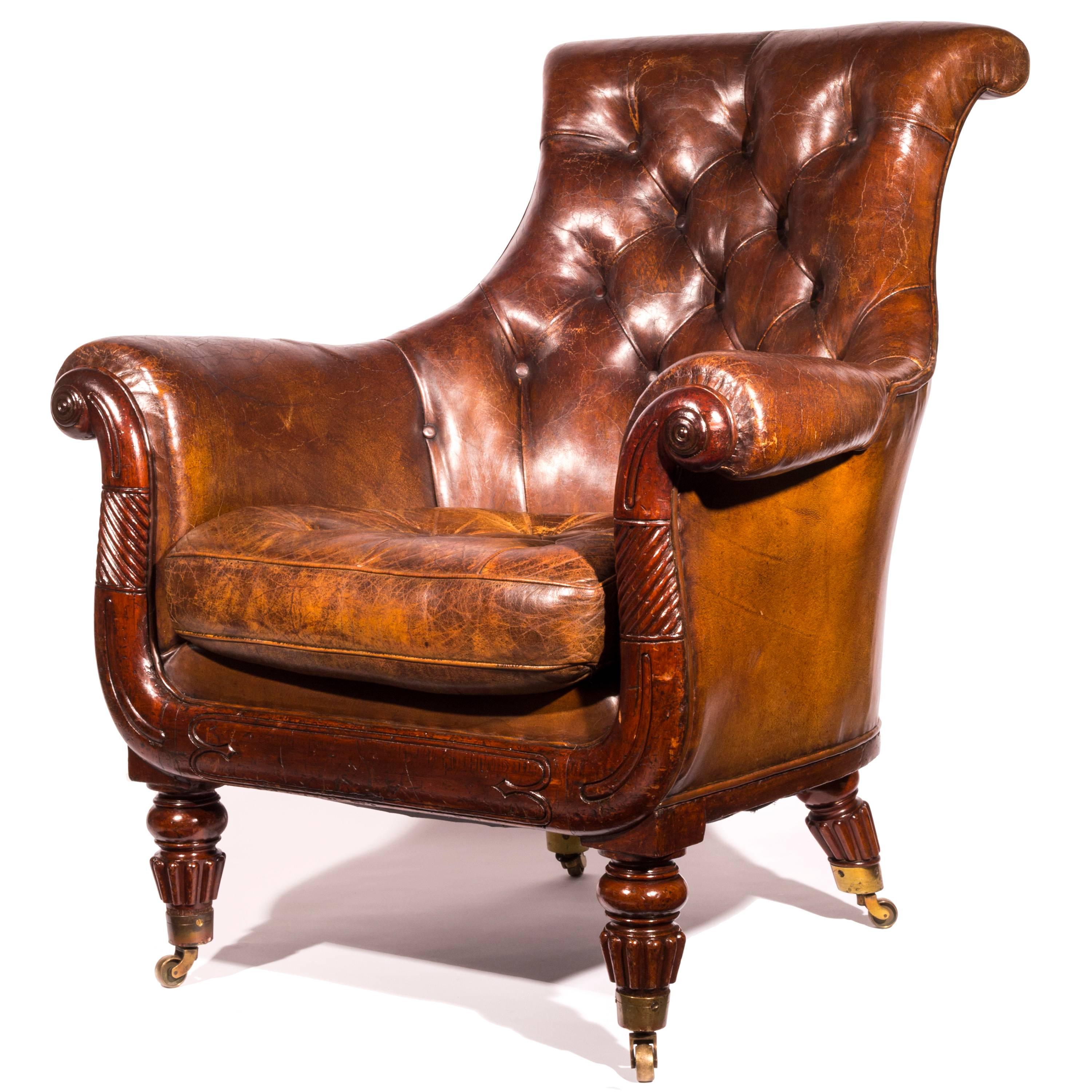 19th C English Regency Mahogany and Buttoned Brown Leather Library Club Armchair In Good Condition In London, GB