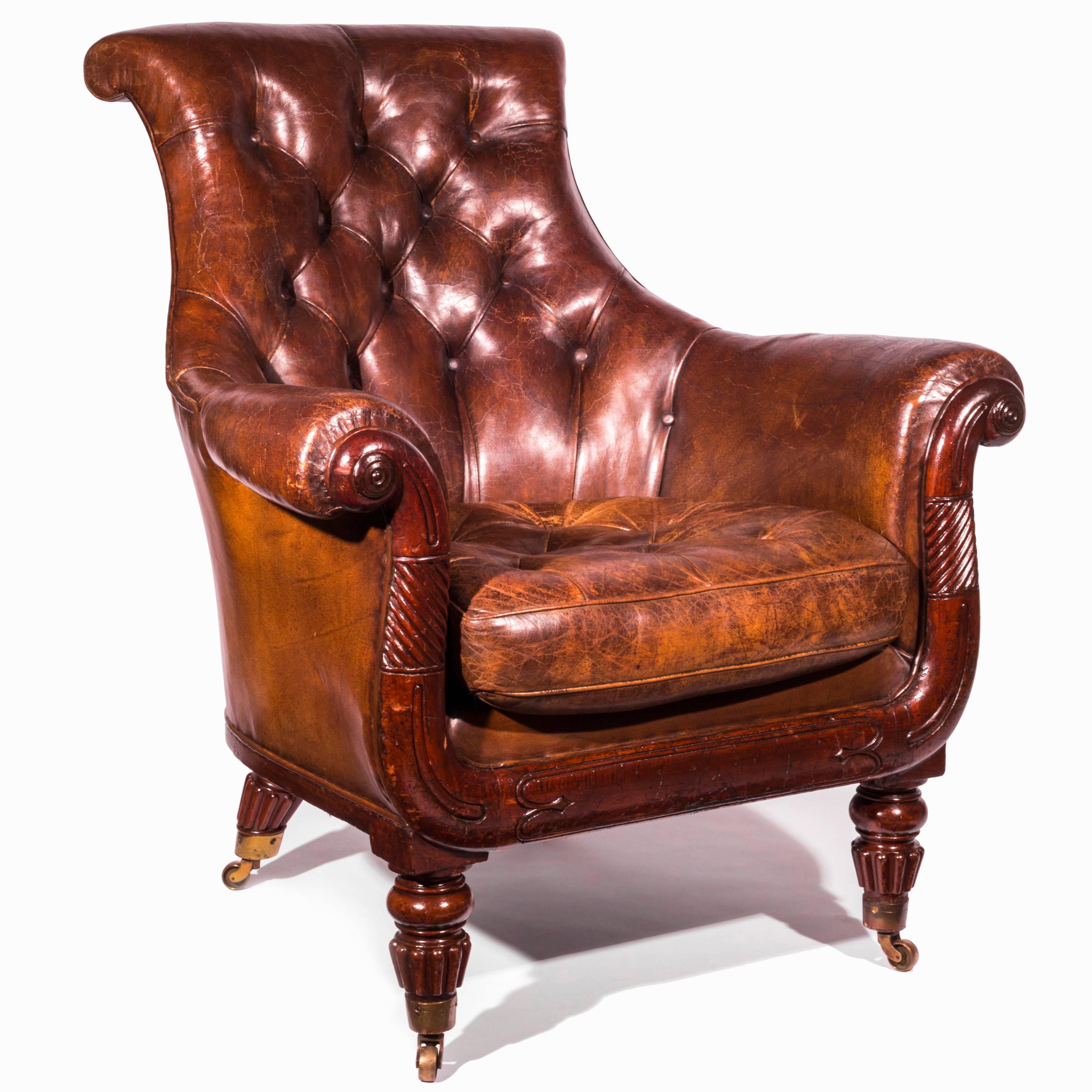Hand-Carved 19th C English Regency Mahogany and Buttoned Brown Leather Library Club Armchair