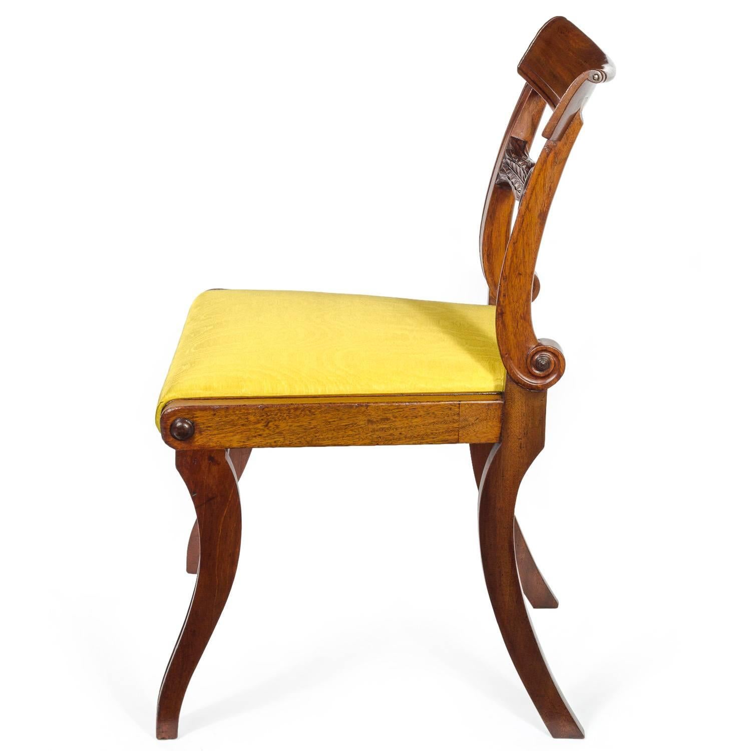 Hand-Carved Set of Six English Regency Mahogany Klismos Dining Chairs in Yellow Moire Silk