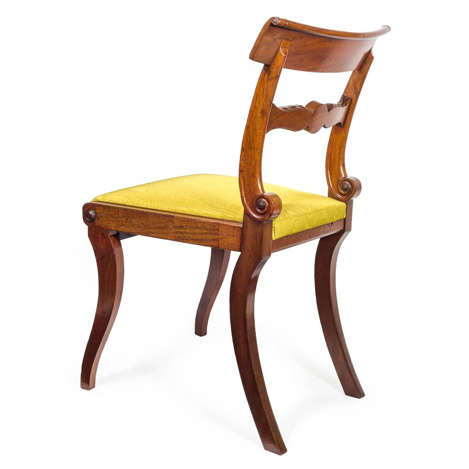 Set of Six English Regency Mahogany Klismos Dining Chairs in Yellow Moire Silk 2