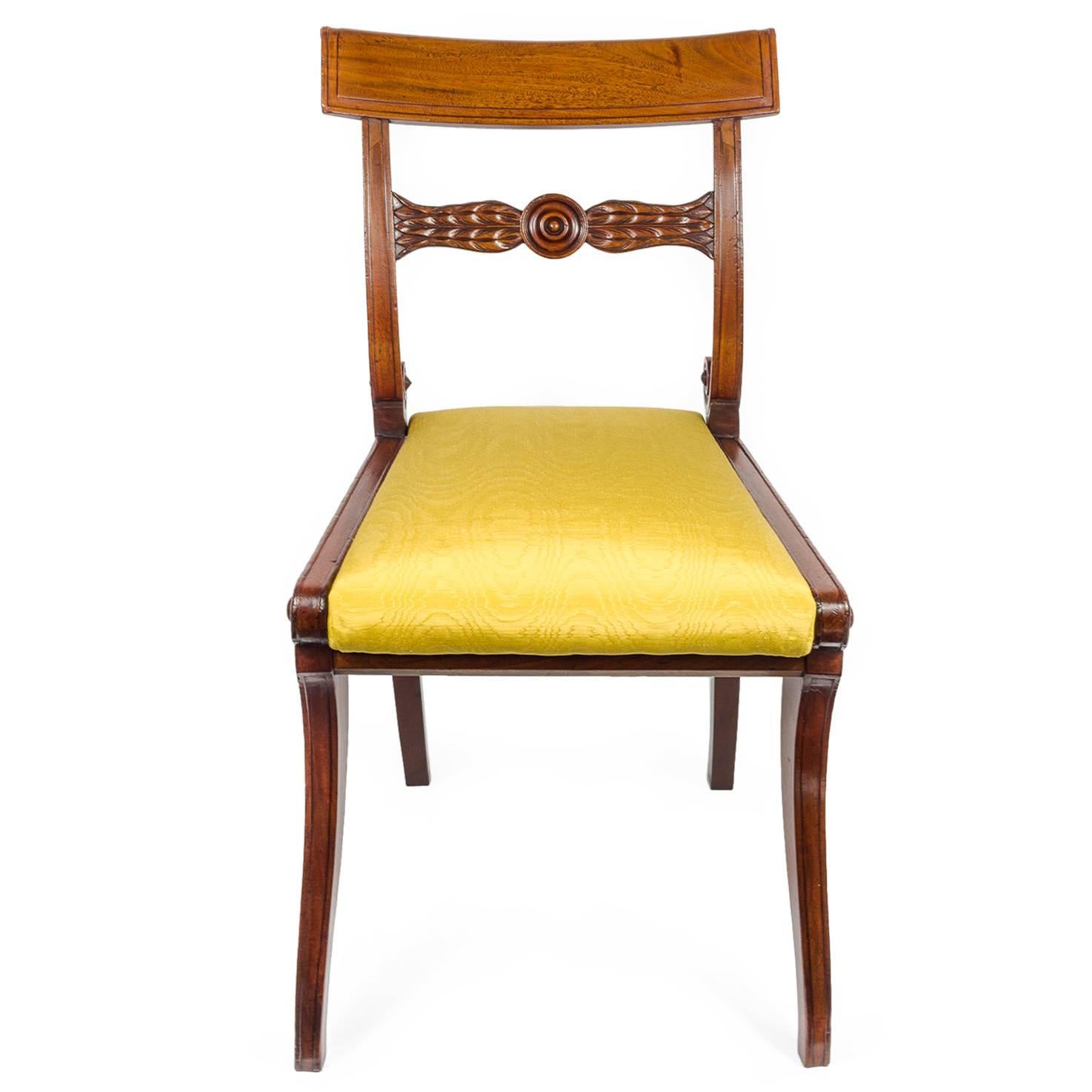 Set of Six English Regency Mahogany Klismos Dining Chairs in Yellow Moire Silk 4