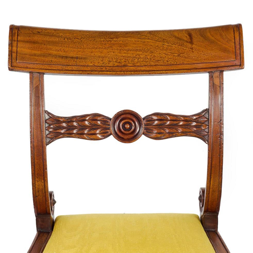 Set of Six English Regency Mahogany Klismos Dining Chairs in Yellow Moire Silk 3