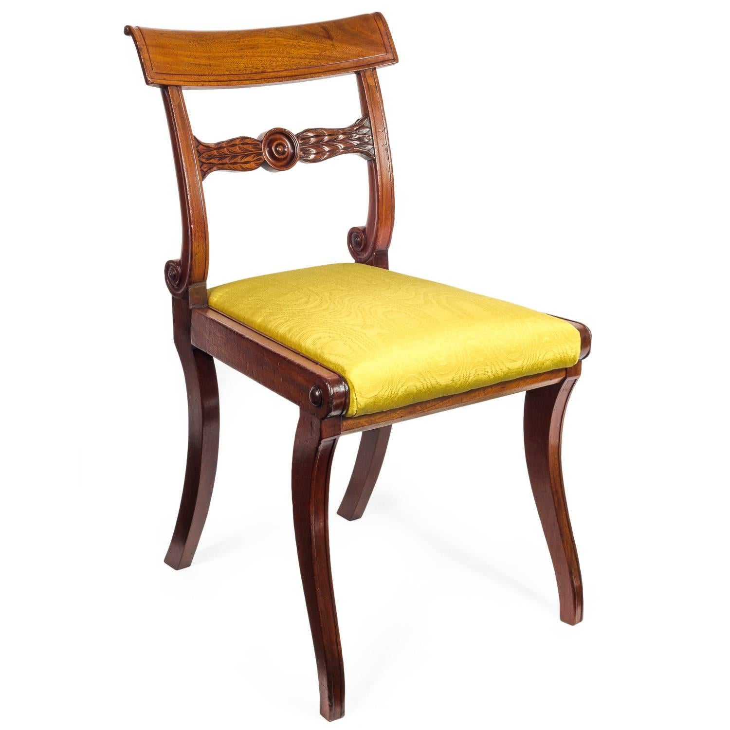 Set of Six English Regency Mahogany Klismos Dining Chairs in Yellow Moire Silk 5