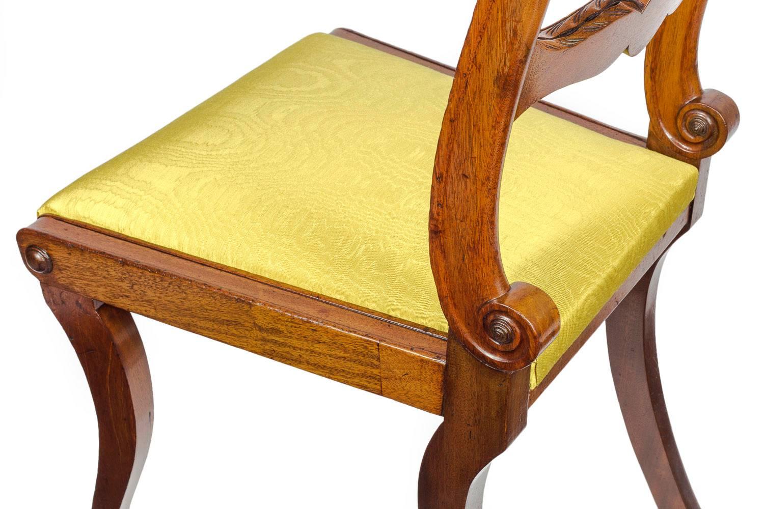 19th Century Set of Six English Regency Mahogany Klismos Dining Chairs in Yellow Moire Silk