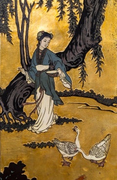 Antique Chinese 19th Century Black Lacquer Gilt Polychrome Four-Panel Screen